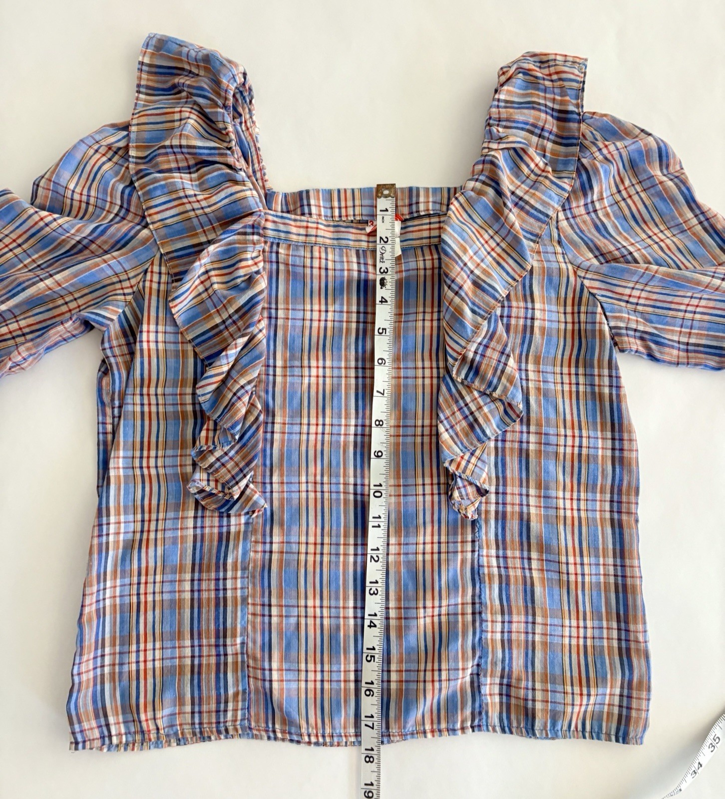 Vintage 70s Plaid Prairie Ruffle Blouse M Cottagecore Puff Sleeve Peasant Top