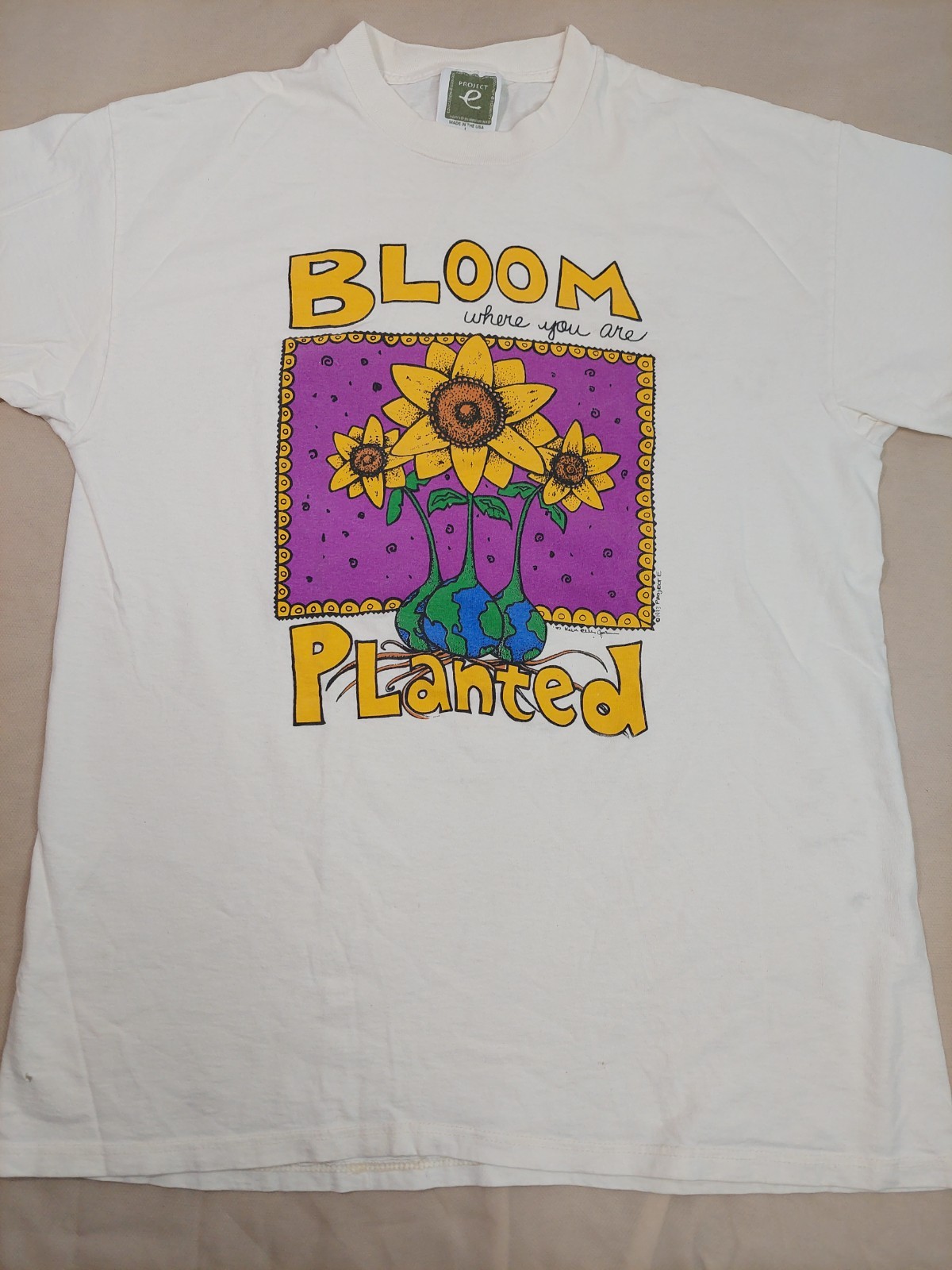 Vintage White T-Shirt Single Stitch USA Sunflower Earth Nature Graphic Y2K Large