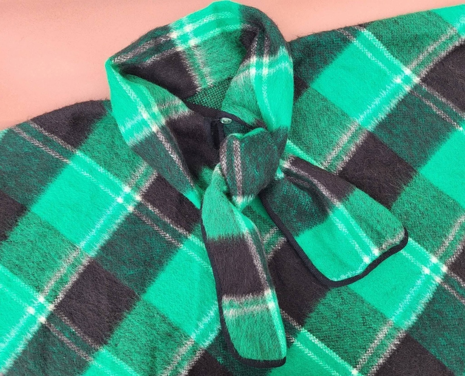 1960s Black And Green Plaid Poncho/Cape As Is