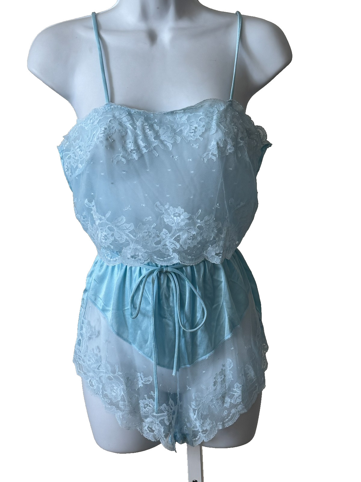 Vtg Y2K Women’s Size Small Teddie Romper Blue 1 Piece Satin Lace Nightie Straps