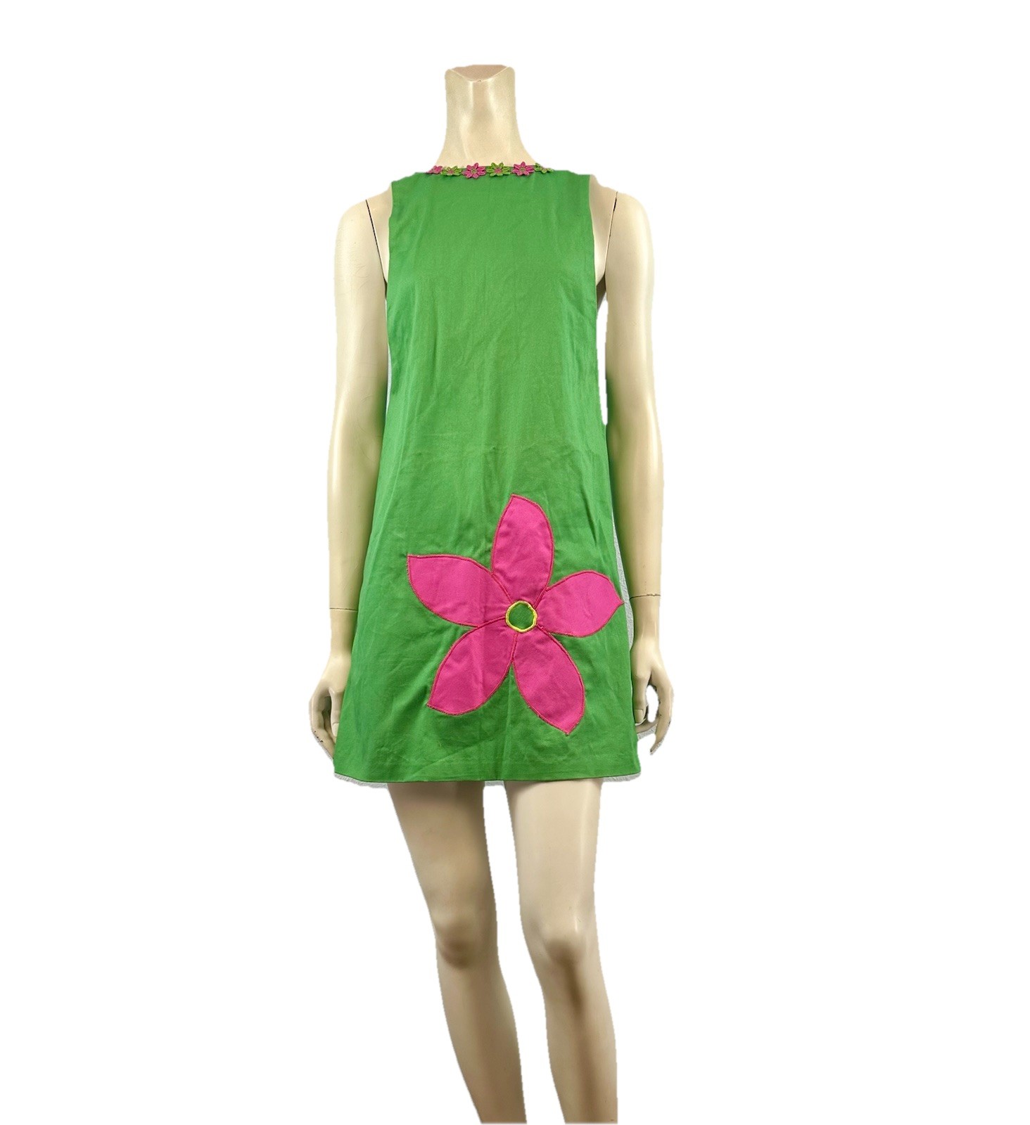 Vintage 60s Mini Dress Flower Power Green Mod Hippie, Cotton, X-Small/Small