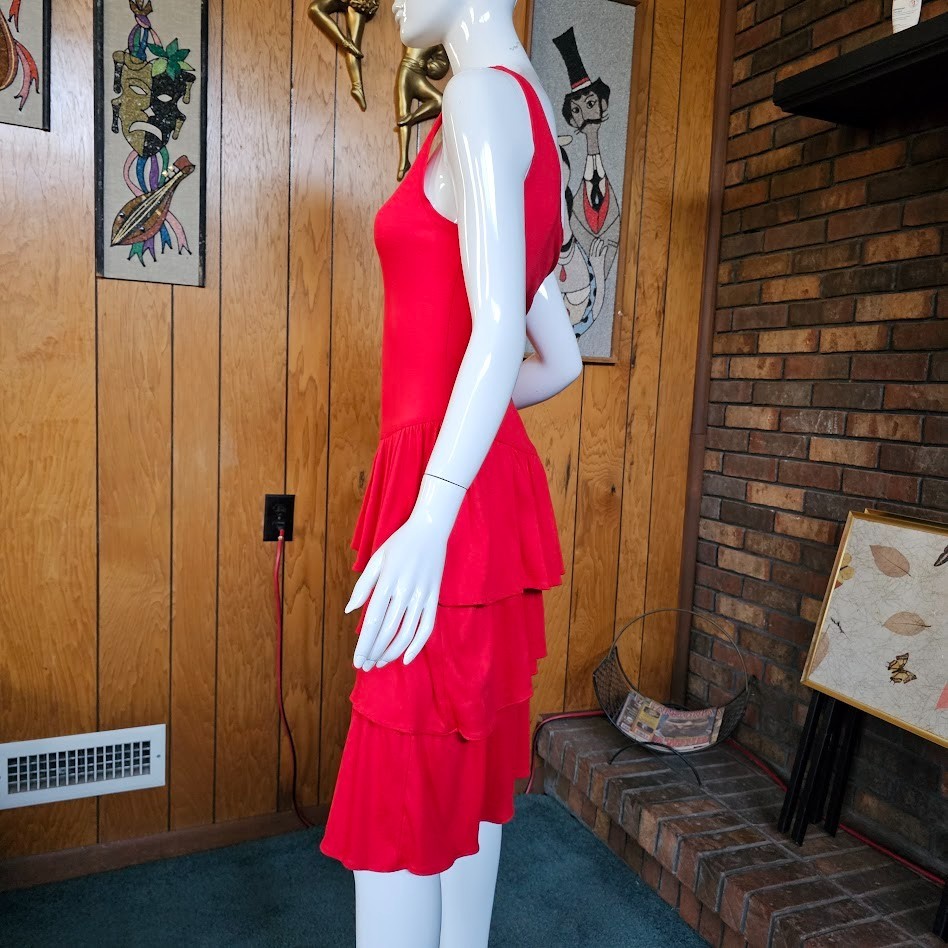Vintage 80s New Wave Punk Cherry Red Tiered Ruffle Skirt Tank Top Day Dress M