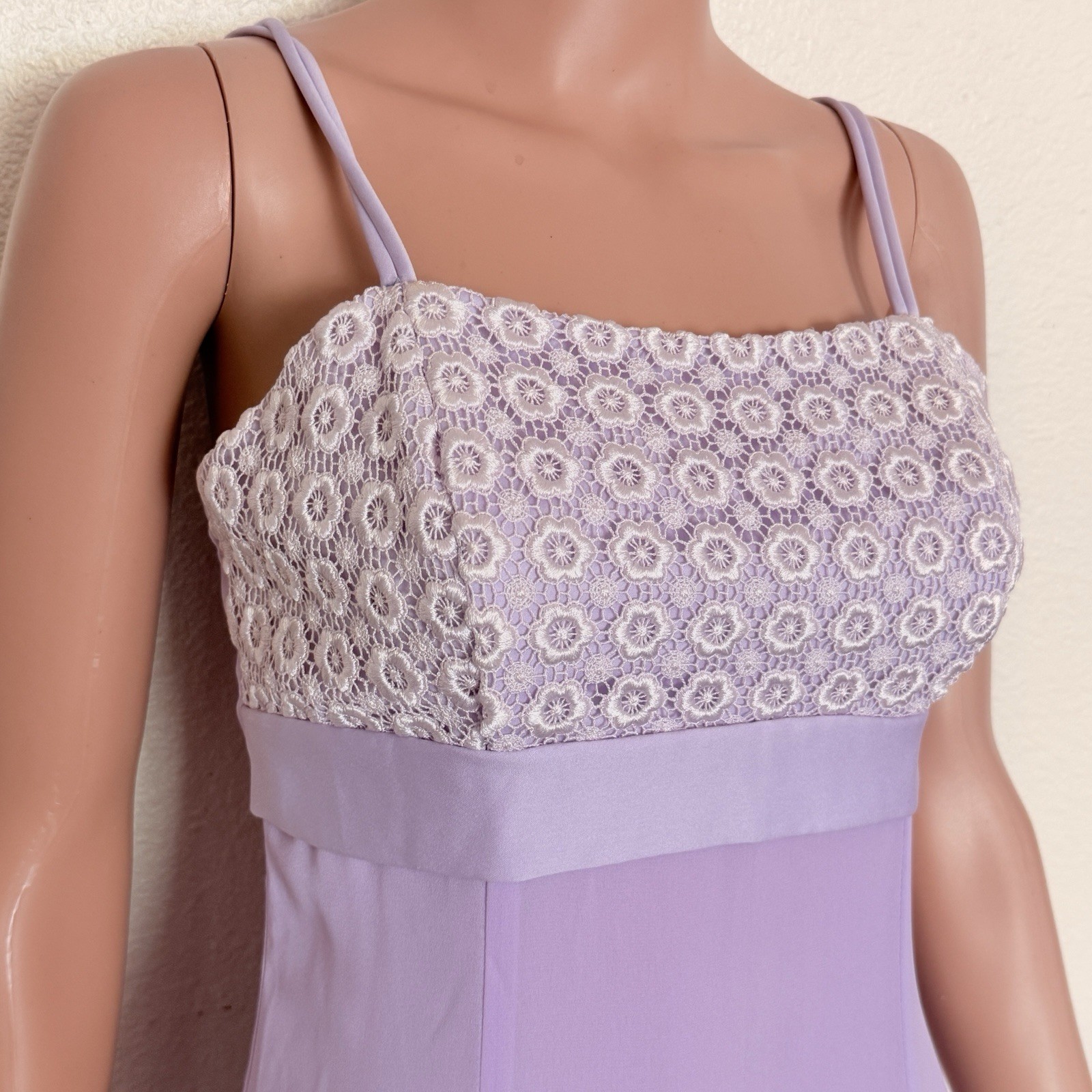 Vtg 90s Lavender Floral Lace Empire Waist Prom Dress Pastel Purple Maxi