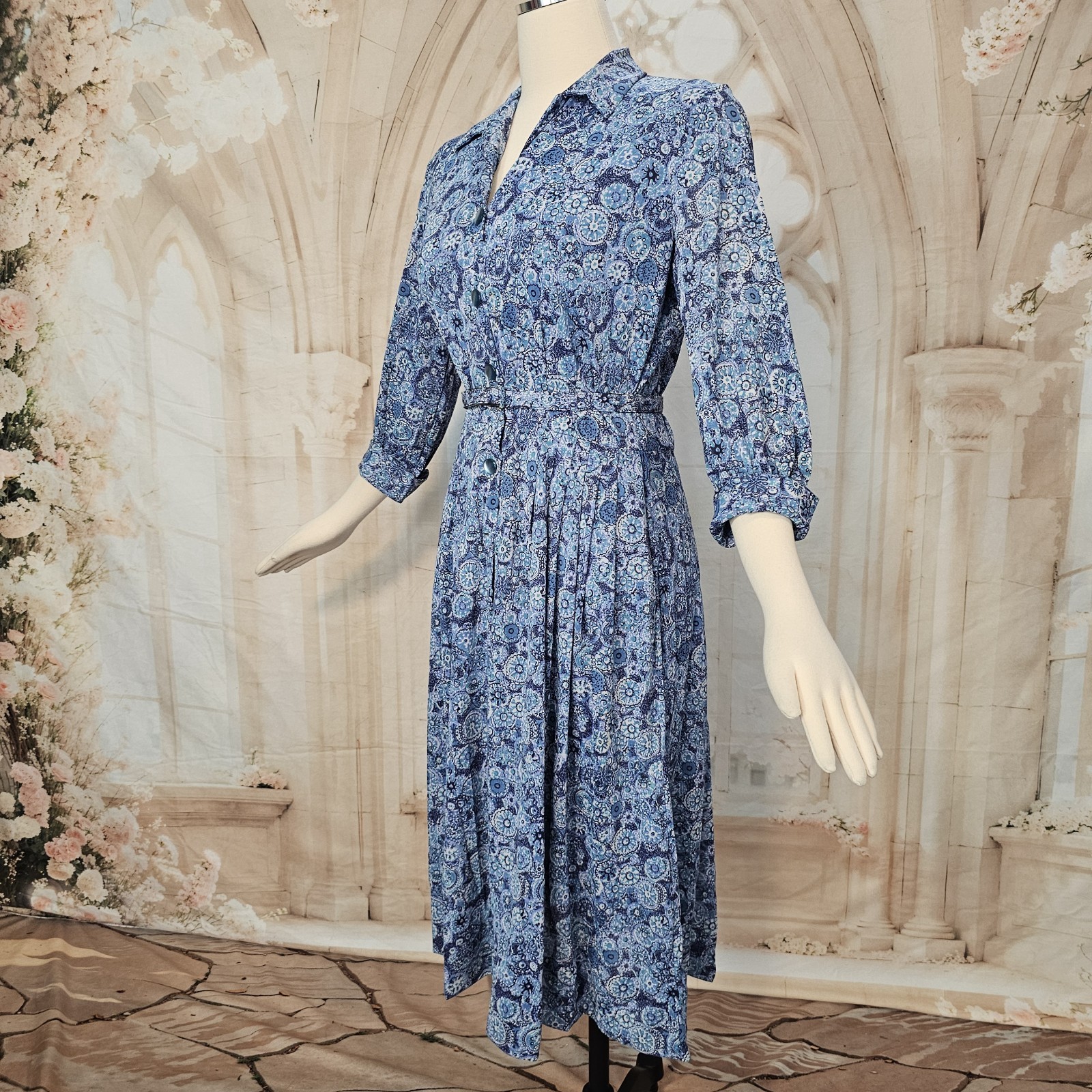 Vintage 1960’s Dress Button Up Blue White Floral 3/4 Length Sleeve Collar Pinup