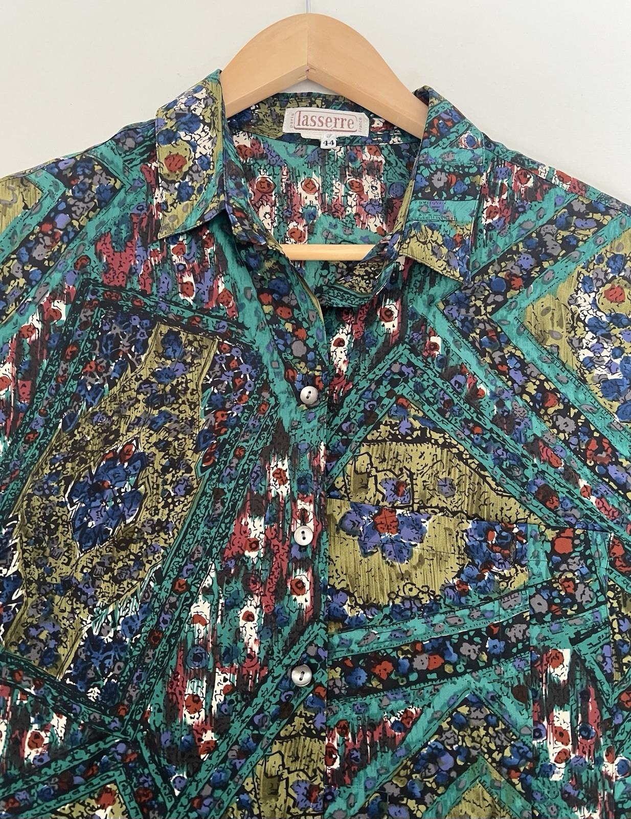 Vintage 80 LASSERRE Paris Floral Green Top Blouse Sz 44/12 US France Luxury Soft