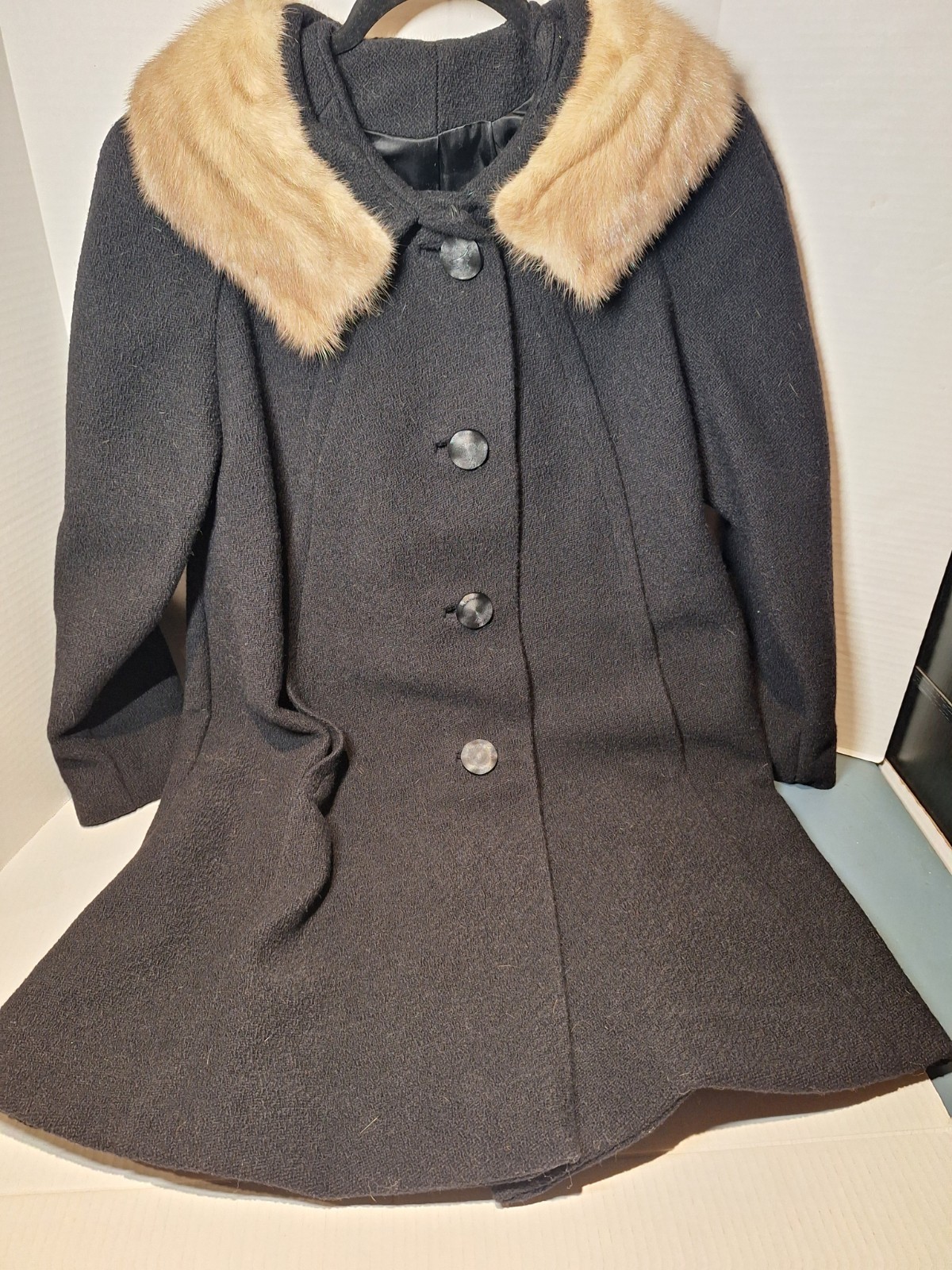 Vintage Sears Fashion Pea Coat With Fur Collar, Woman’s L, Black, Wool, Button