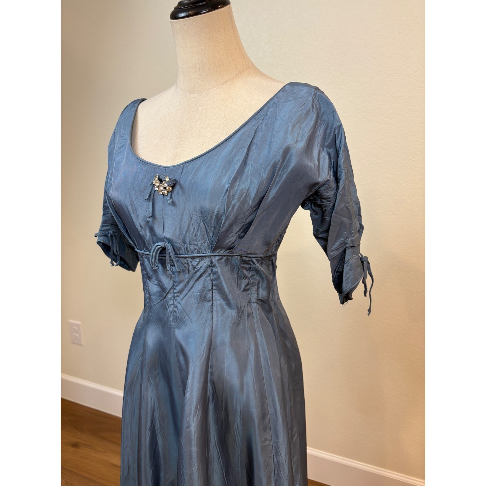 Vtg 50s Dress S Blue Taffeta Rhinestone Mid Century Cocktail Party Rockabilly