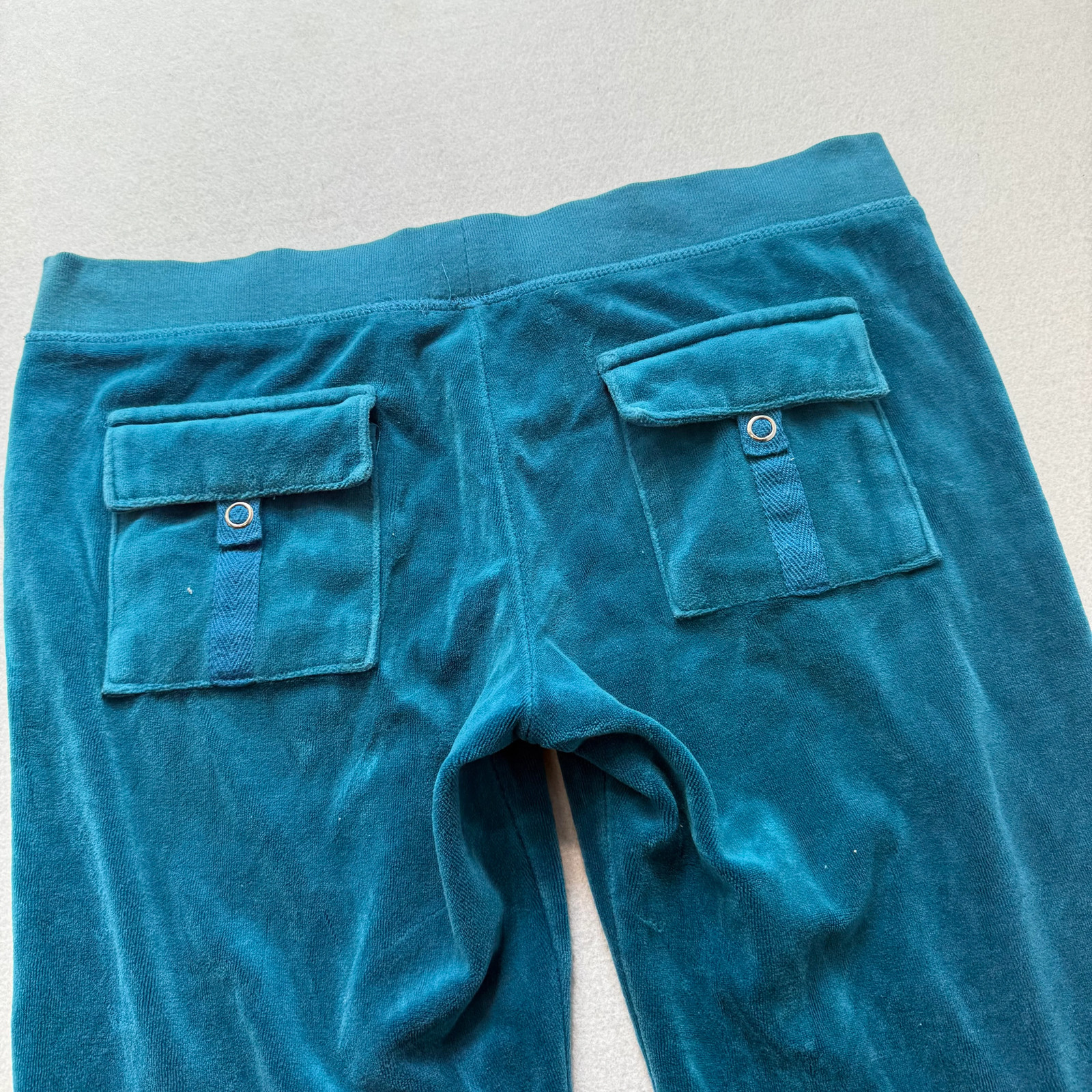 Vintage Juicy Couture Women’s Dark Teal Velour Flared Track Pants Pockets Size L