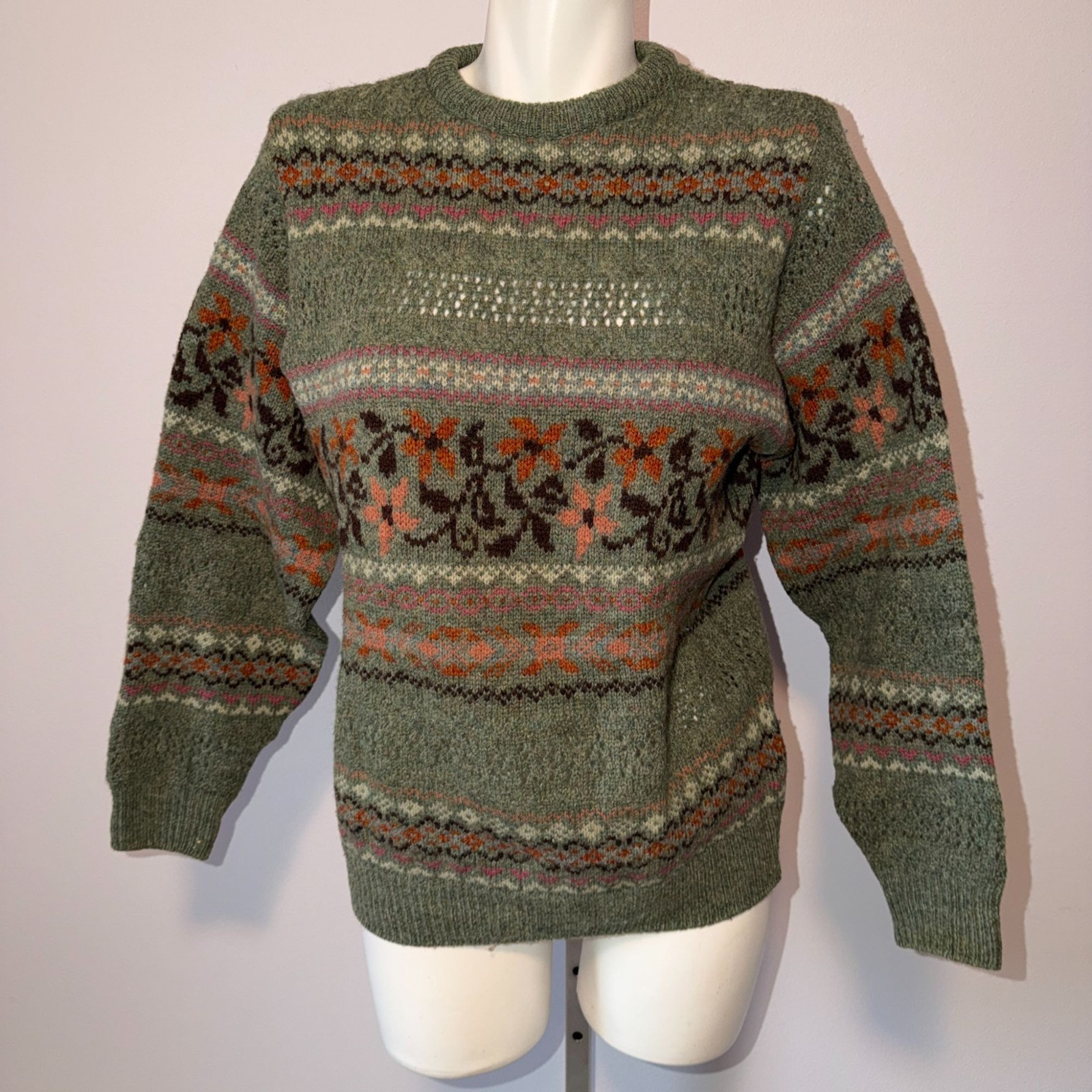 Vintage 90s Laura Ashley Sweater S Wool Fair Isle Cottagecore Scotland Boho Pink