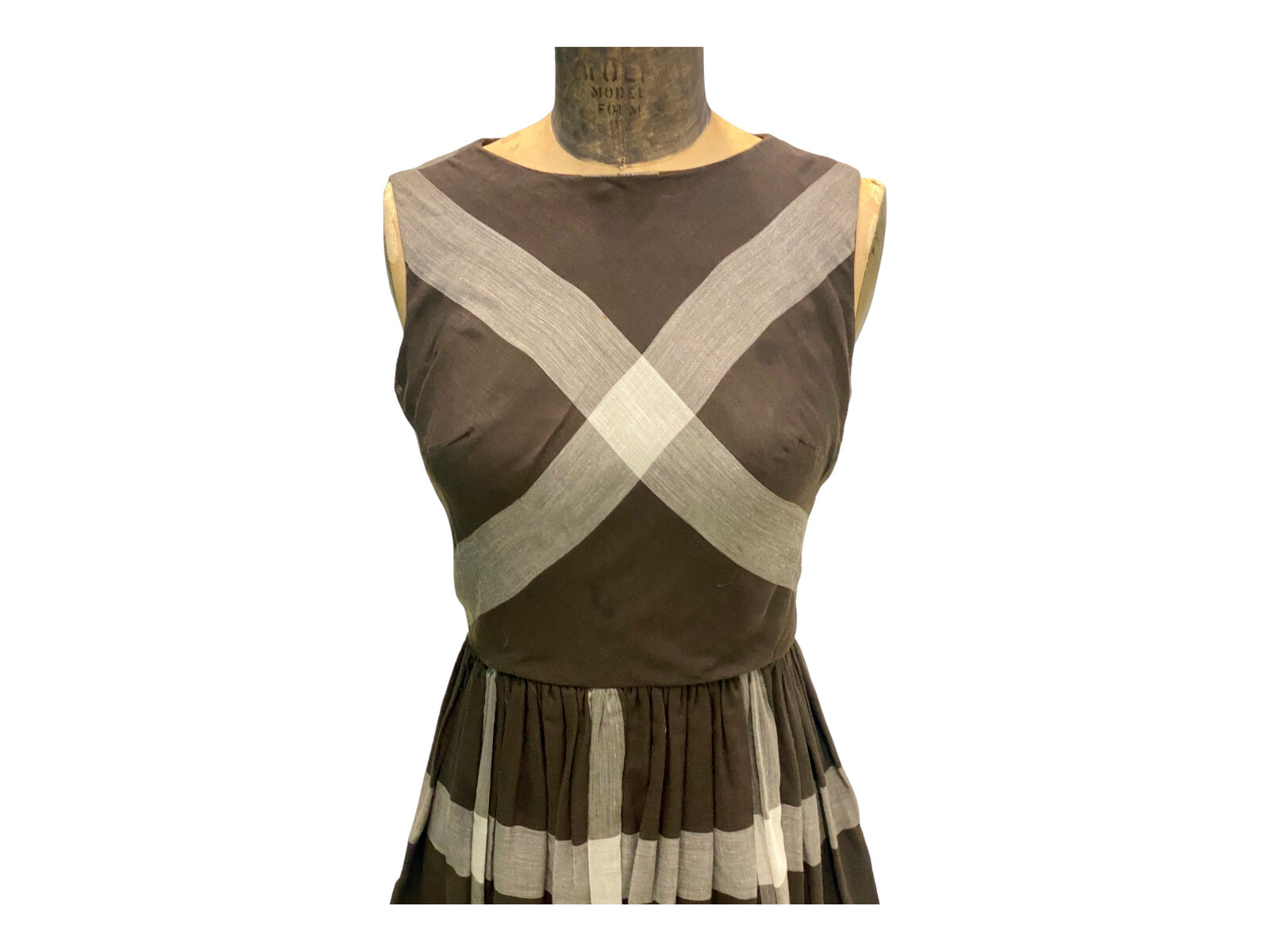 Vintage 1960s Brown Gray Striped Cotton Fit & Flair Dress Small
