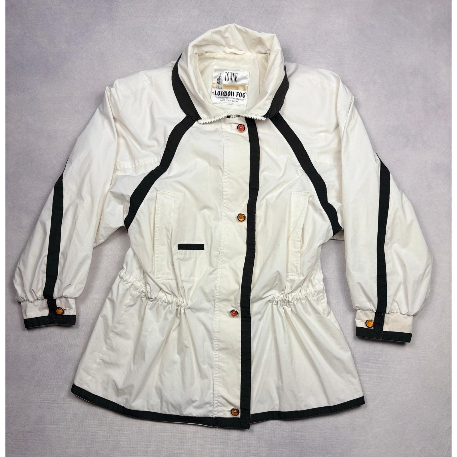 Vintage Towne London Fog Cream White Black Trim Colorblock Jacket Womens Small