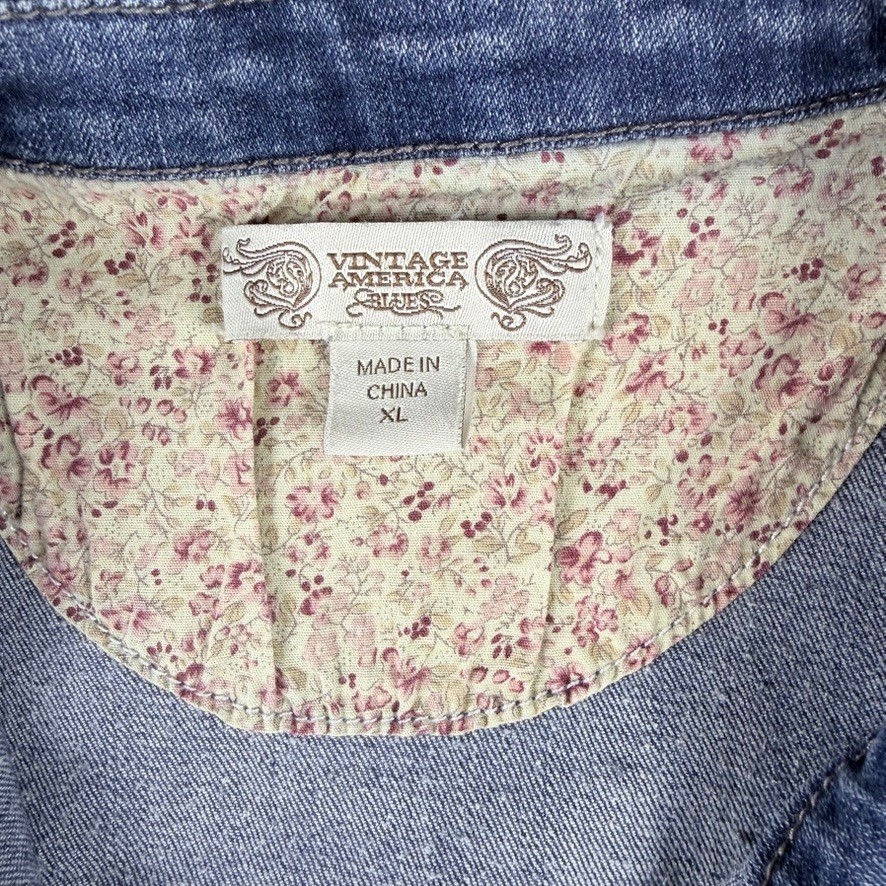 Vintage America Blues Denim Jean Jacket XL Floral Lined Stretch Trucker Blue