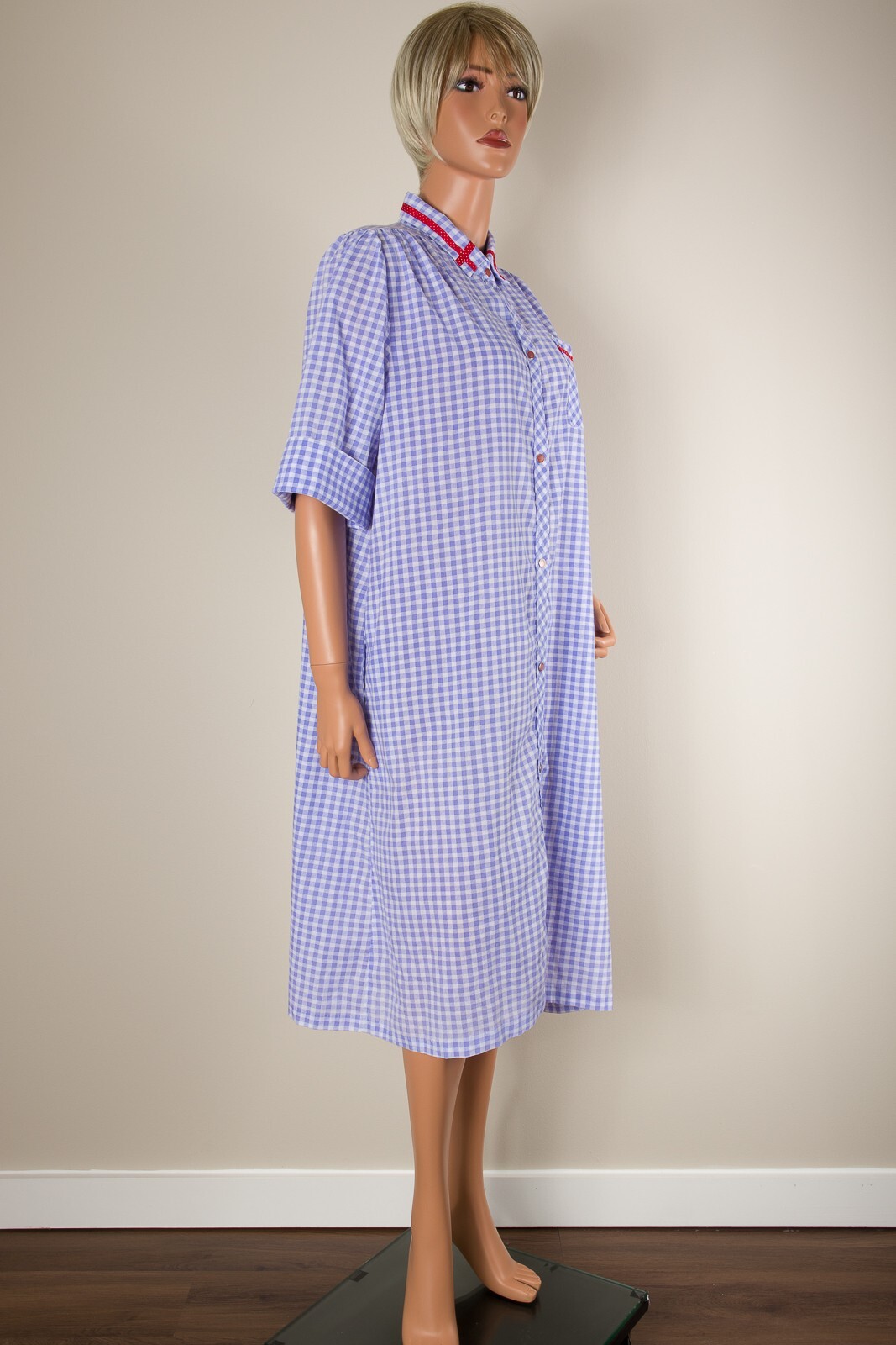 💖 SMART TIME Size M Blue Gingham Robe Housecoat MuMu Snap Pockets Red Trim