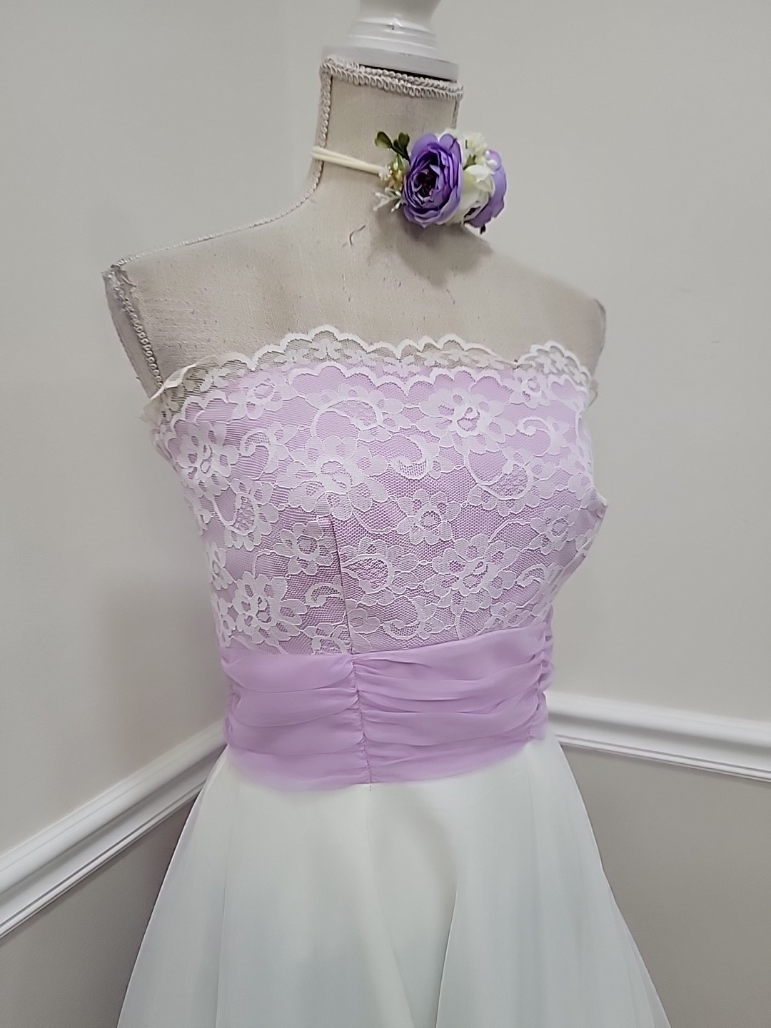 VTG’70s Lavender Lace Strapless Evening Dress ILGWU Organza Gown/Bridgerton Styl