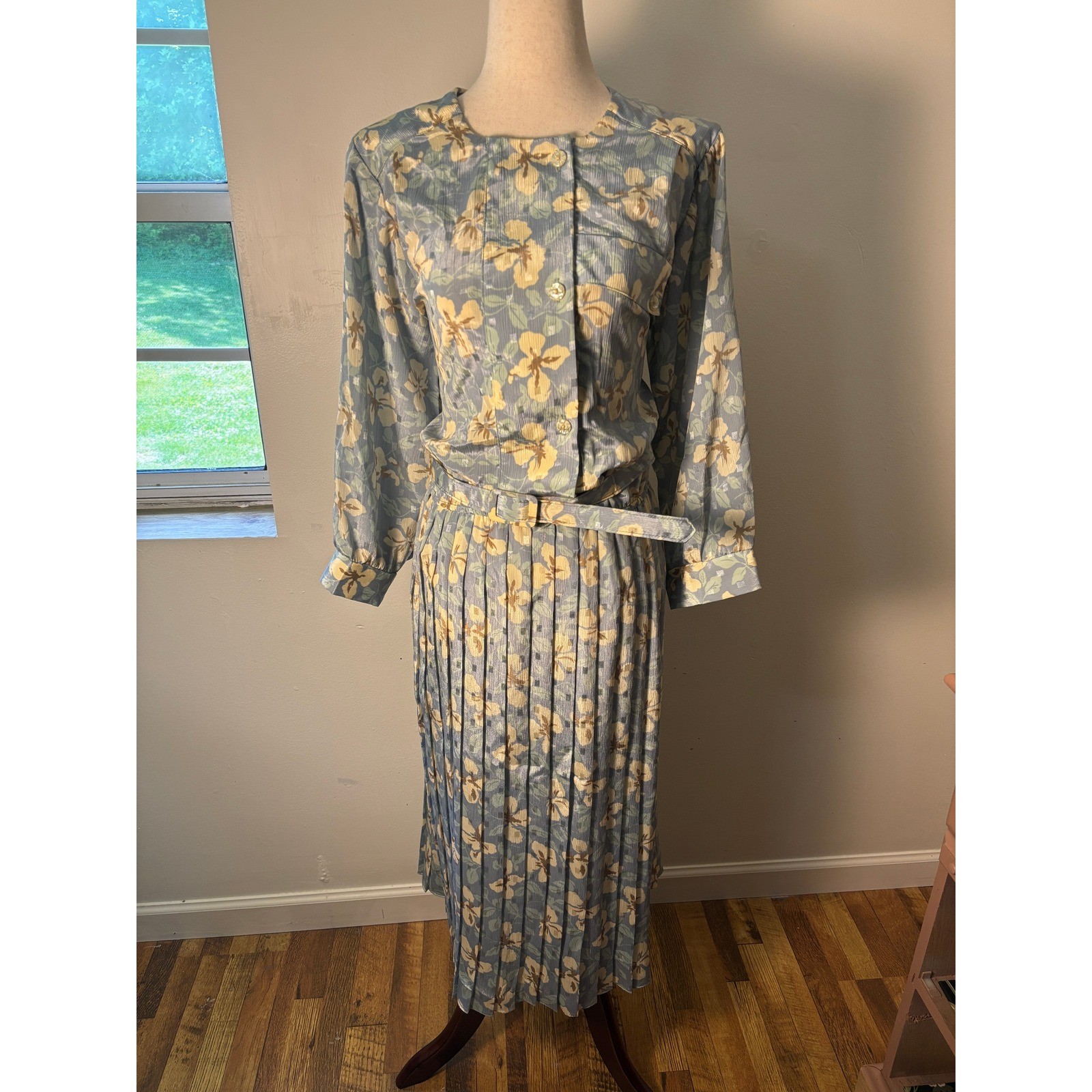 Vintage Damon Dress Floral Midi Blue Cottagecore Belted Prairie Romantic USA