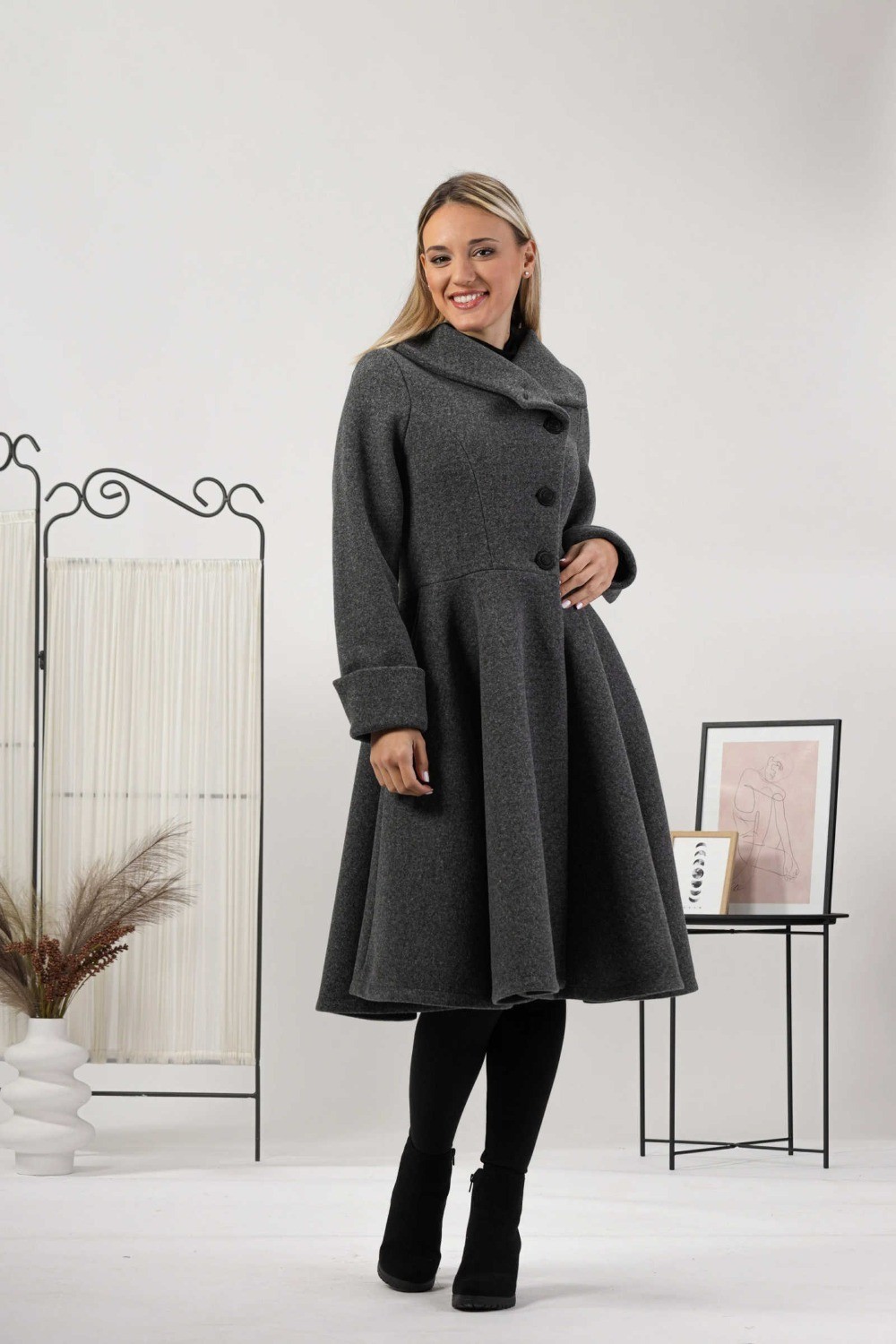 Ladies grey coat long jacket hem skirt tweed winter long business elegant