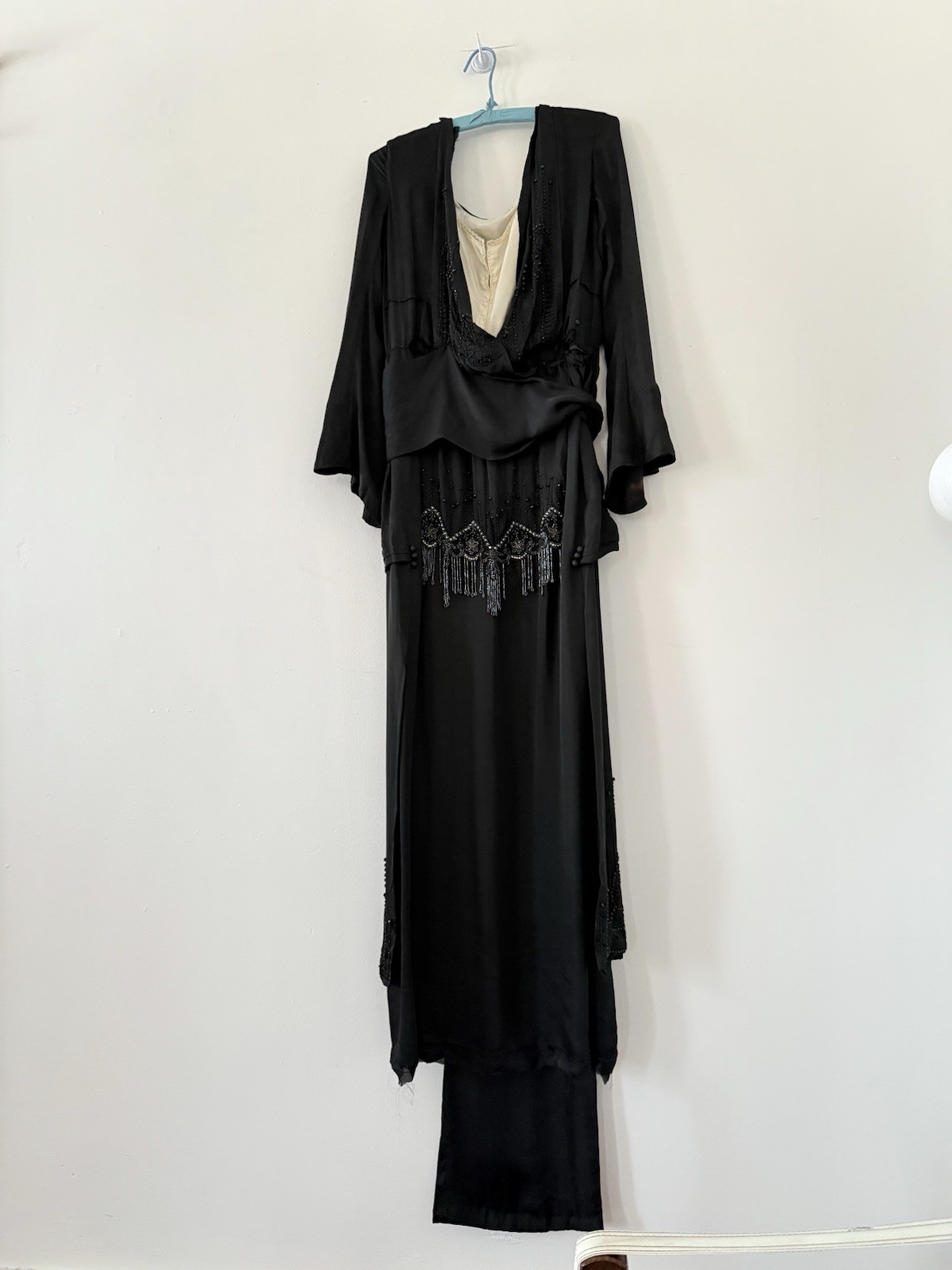 Early 1900s Beaded/Embellished Silk Satin Bell Sleeve Gown Fringe Trim Titanic