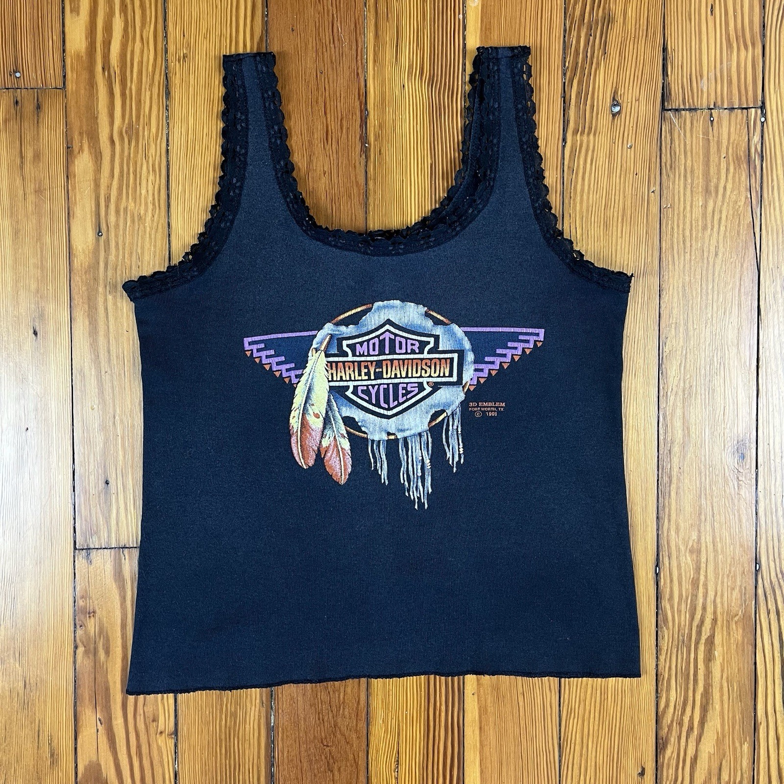 Vintage 1991 3D Emblem Harley Davidson Motorcycle Dream Catcher Black Lace Tank