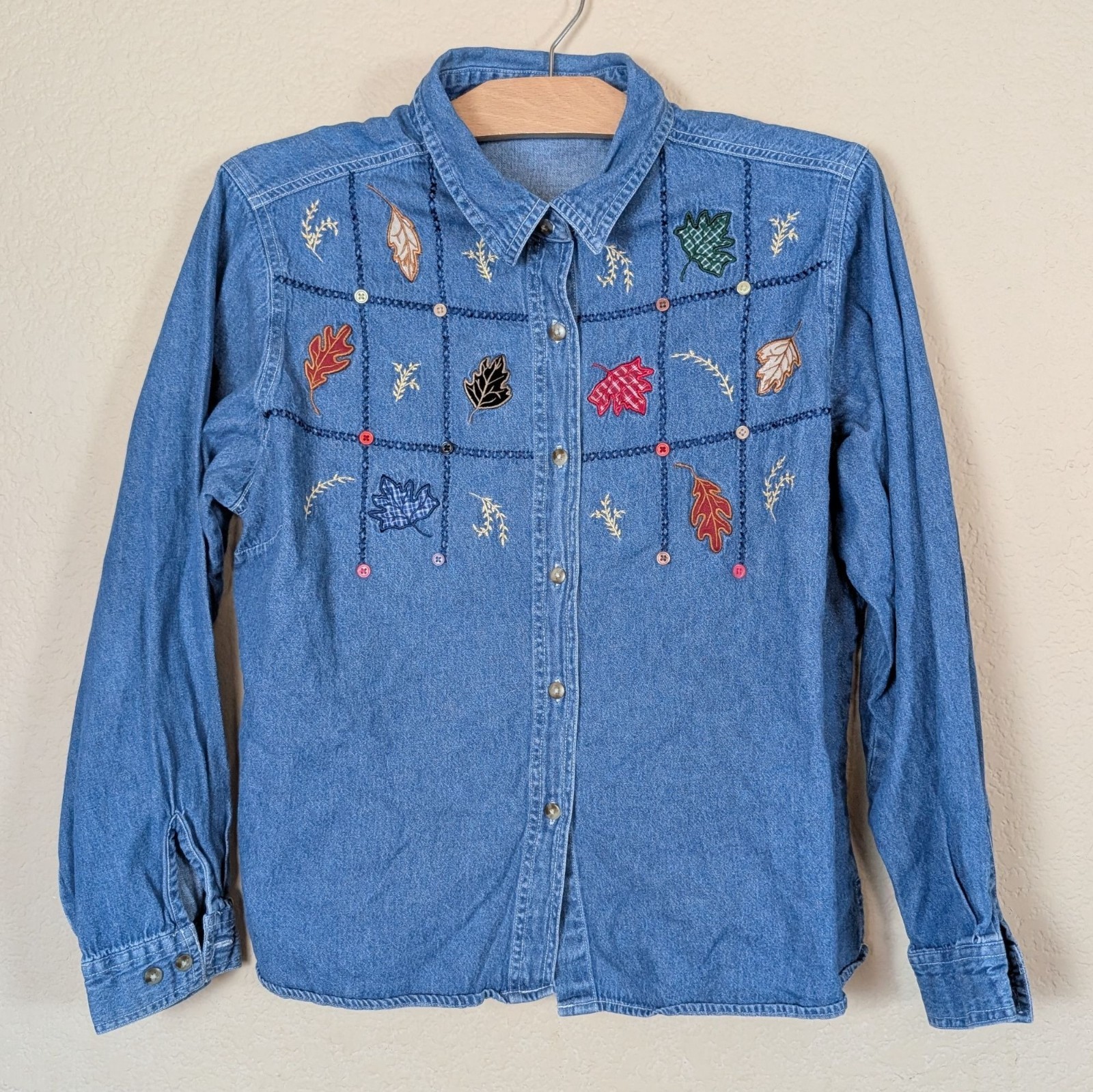 VTG 90s Cabin Creek Women’s PXL Denim Button up Leaves Leaf Embroidery Buttons