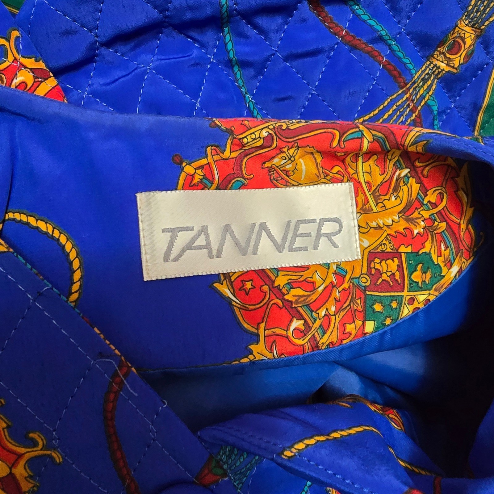 Tanner Vintage Quilted Jacket Royal Blue Equestrian Crest Print Size 6 Made