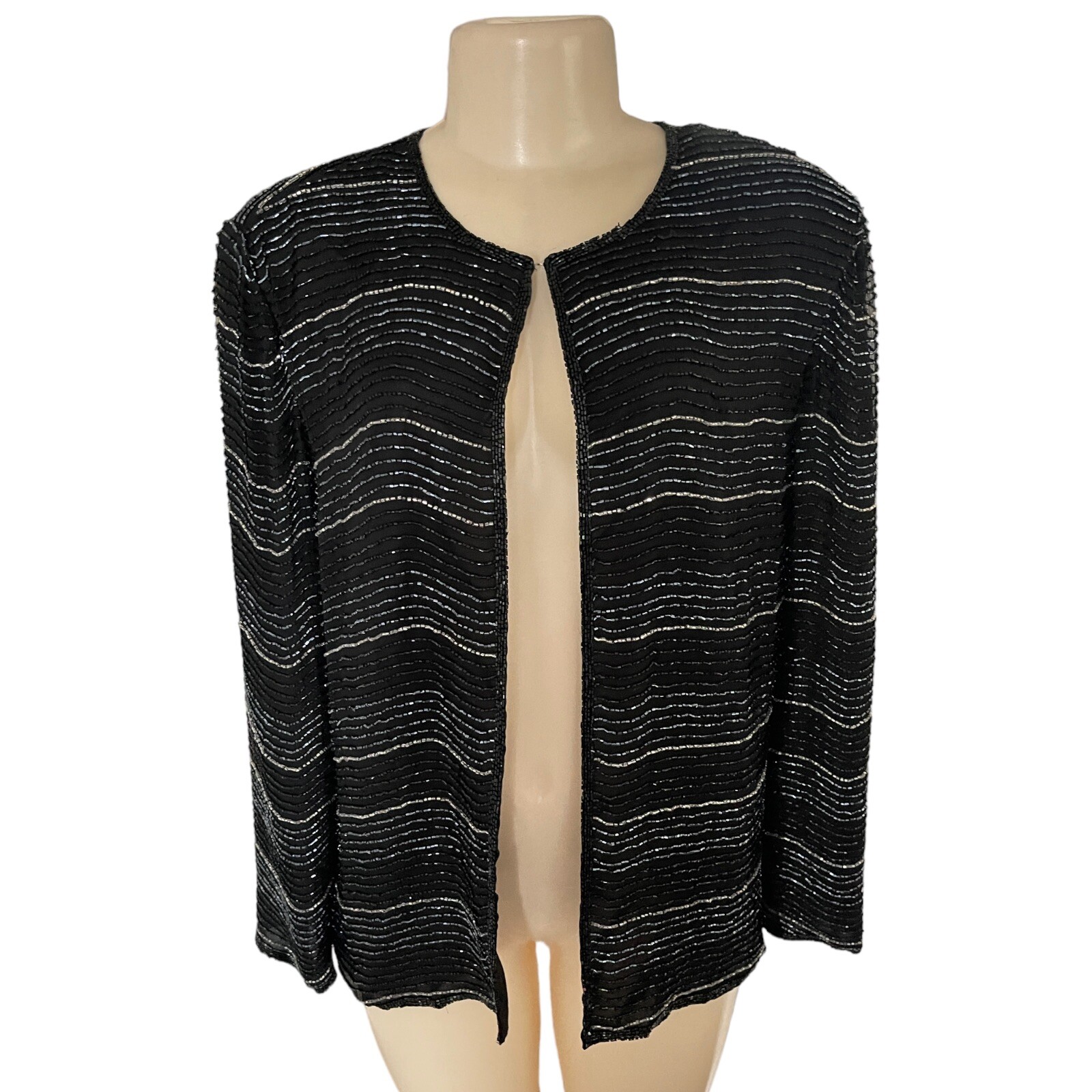 80s Laurence Kazar Hand Beaded Silk Jacket Black Wedding Guest Formal Blazer L