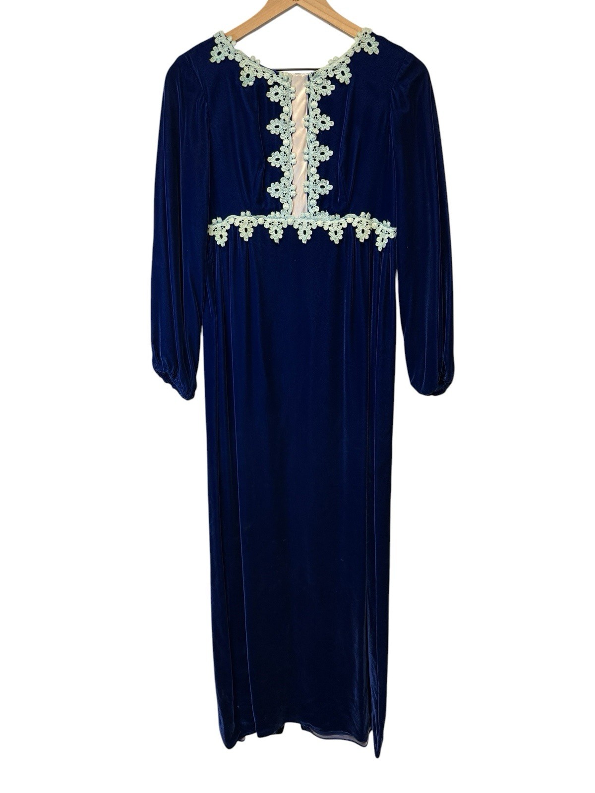 Vintage 70s Victorian Prairie Revival Sapphire Blue Velvet Long Sleeve Maxi 10