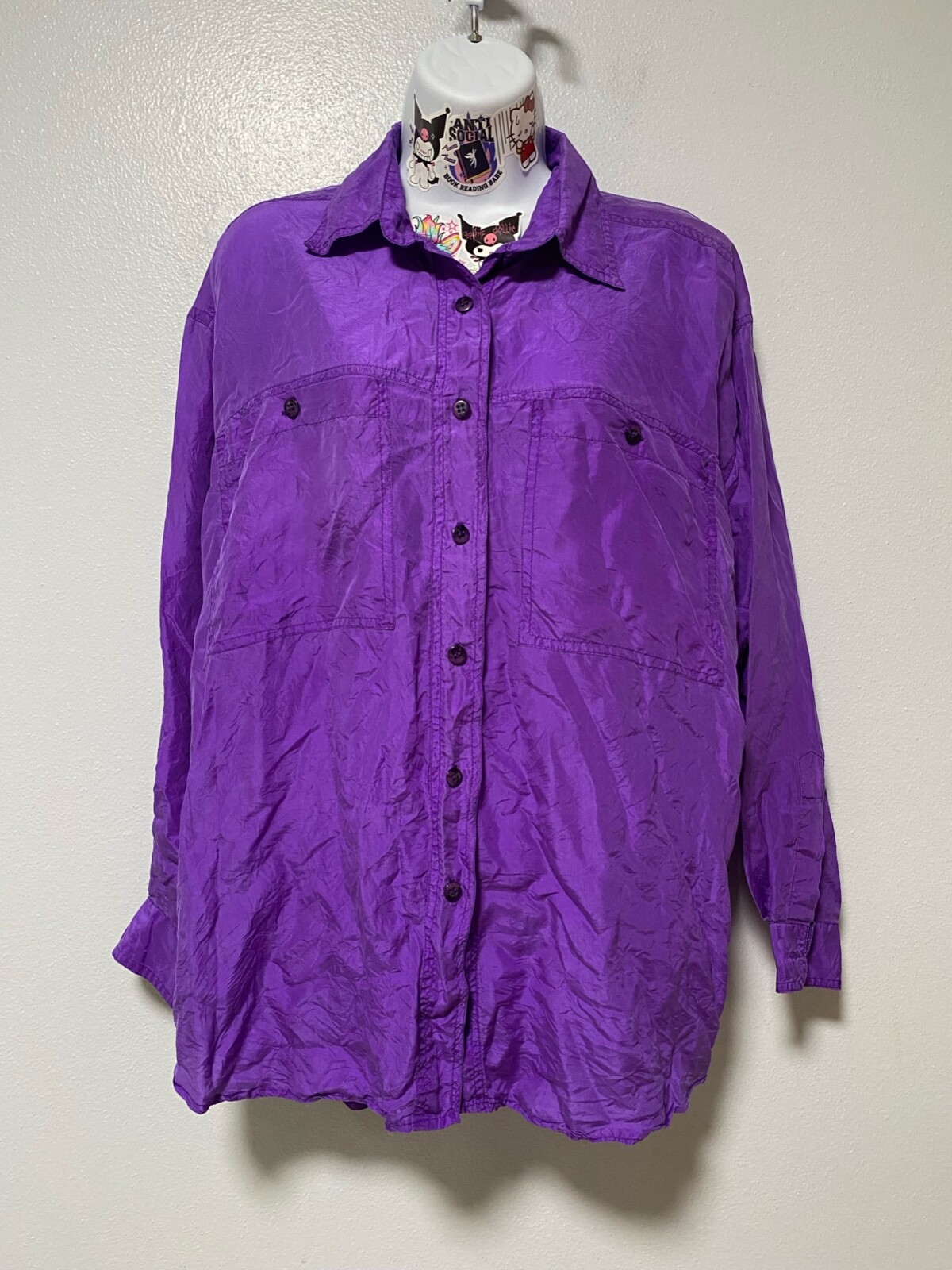 Vintage 100% silk Button up shirt soze small purple Joule Energy 80s 90s
