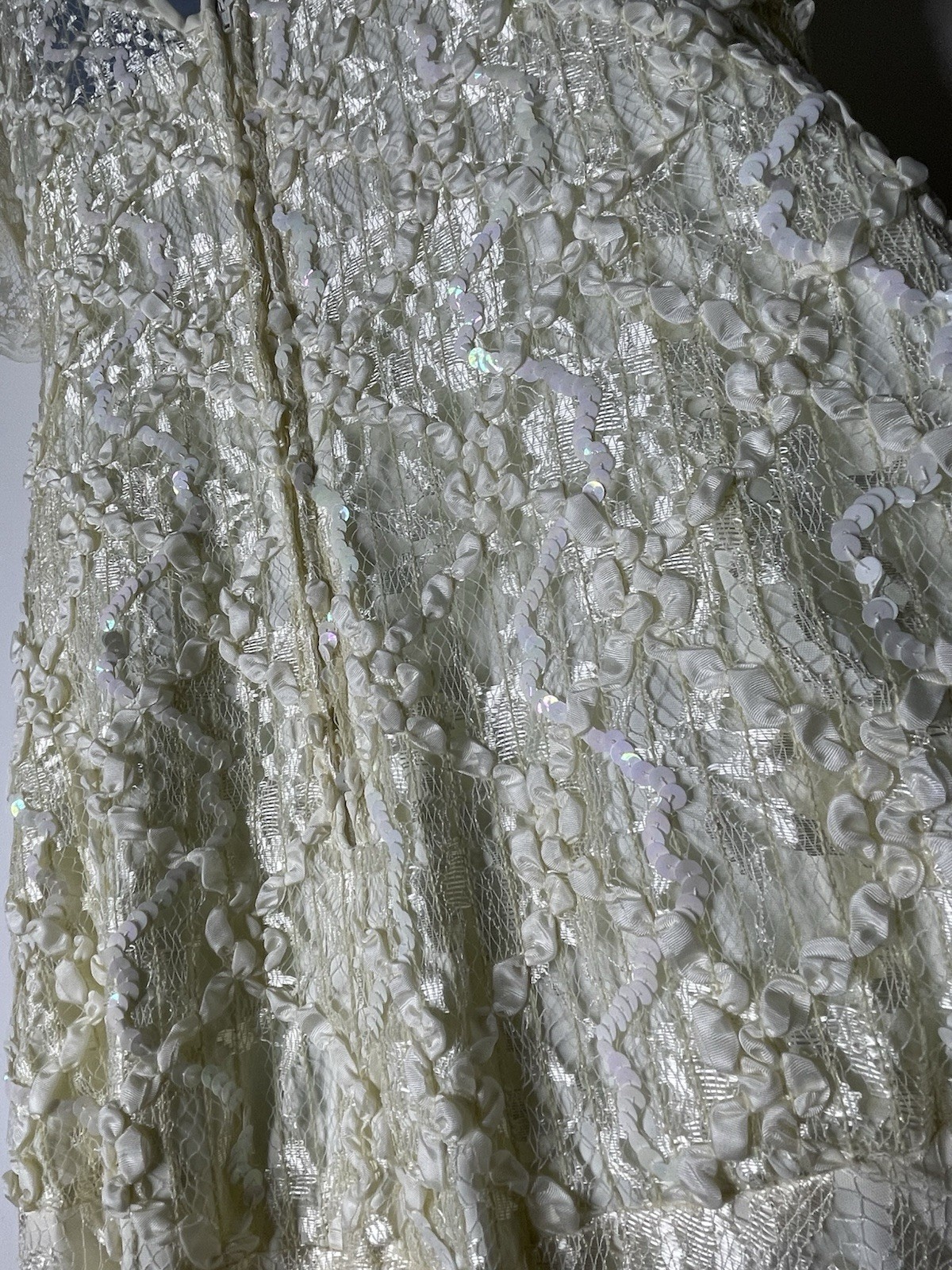 VTG 80s HW Collections Ivory Shiny Sequin Lace Drop Waist Ball Gown Wedding M-L