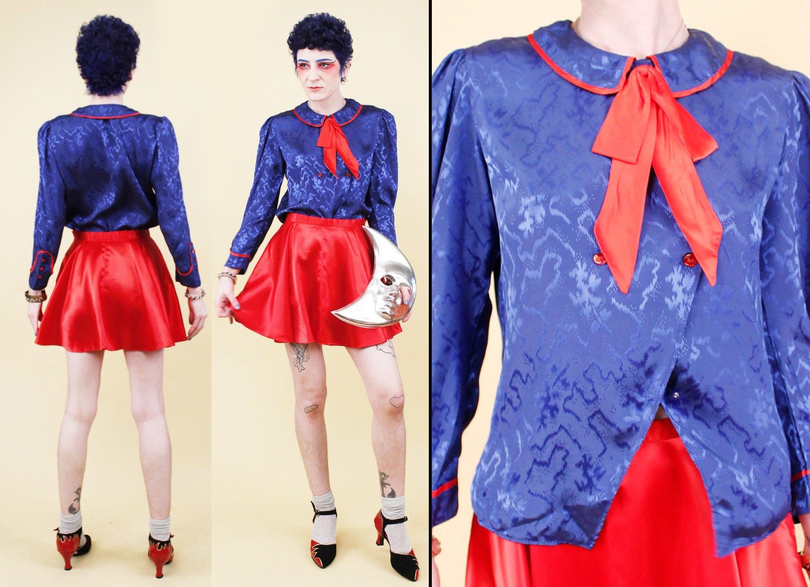 80s Vtg Blue Satin Sailor Moon Style Collar Blouse Shirt Button Up Nautical B34″