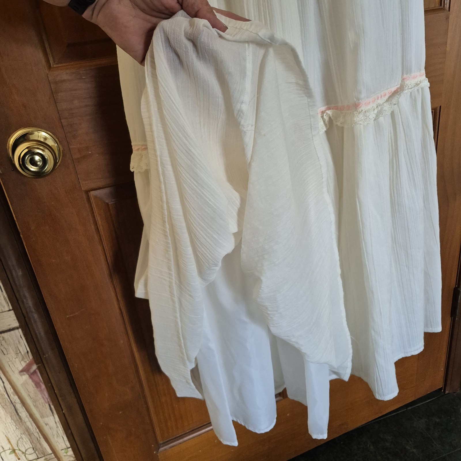 Hand Sewn, Vintage Prairie Dress, Long White Cotton Gauze, Pink Ribbon Size 12