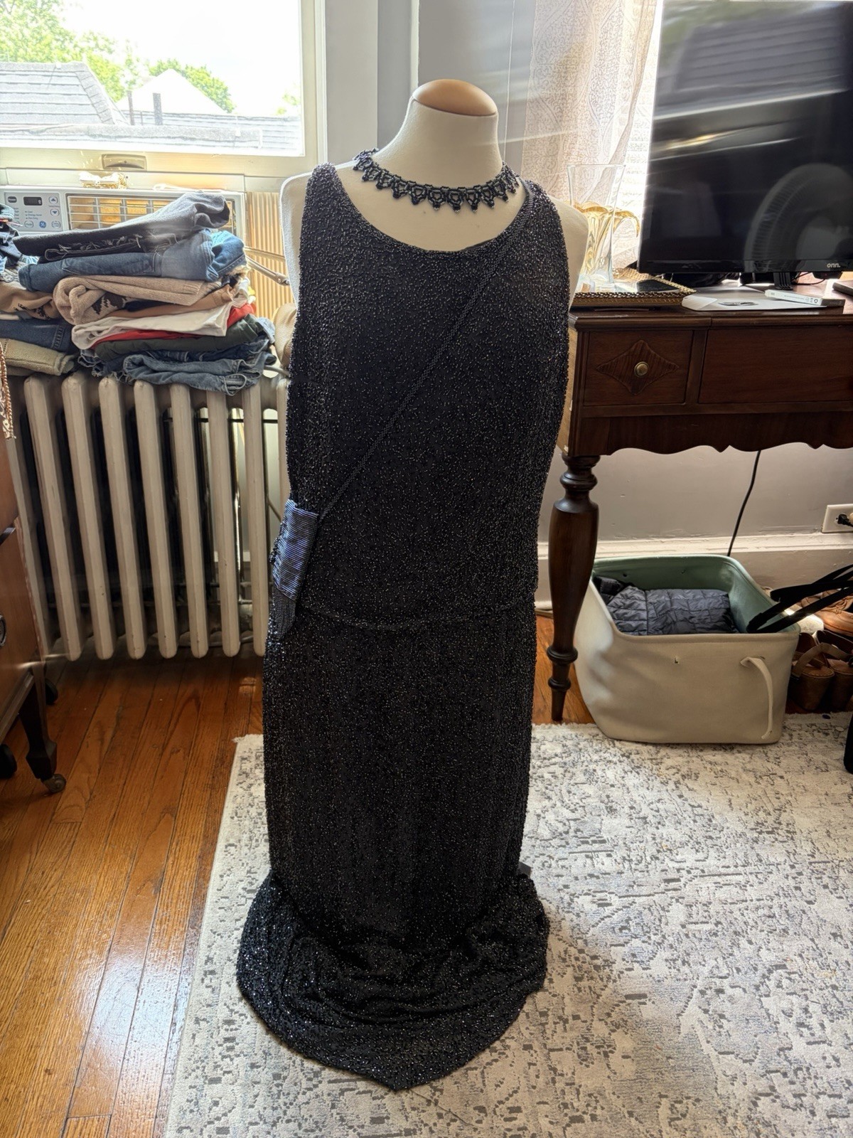 Jovani Vintage 100% Silk Beaded Charcoal Grey 2-piece Skirt & Sleeveless Tops