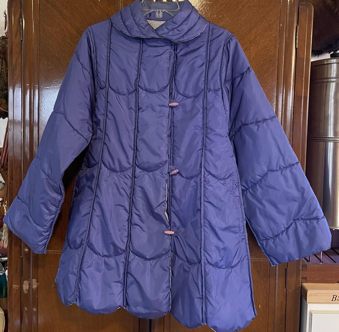 Vintage The Totes Coat Reversible Purple Silver Scalloped Hem Medium EUC Retro