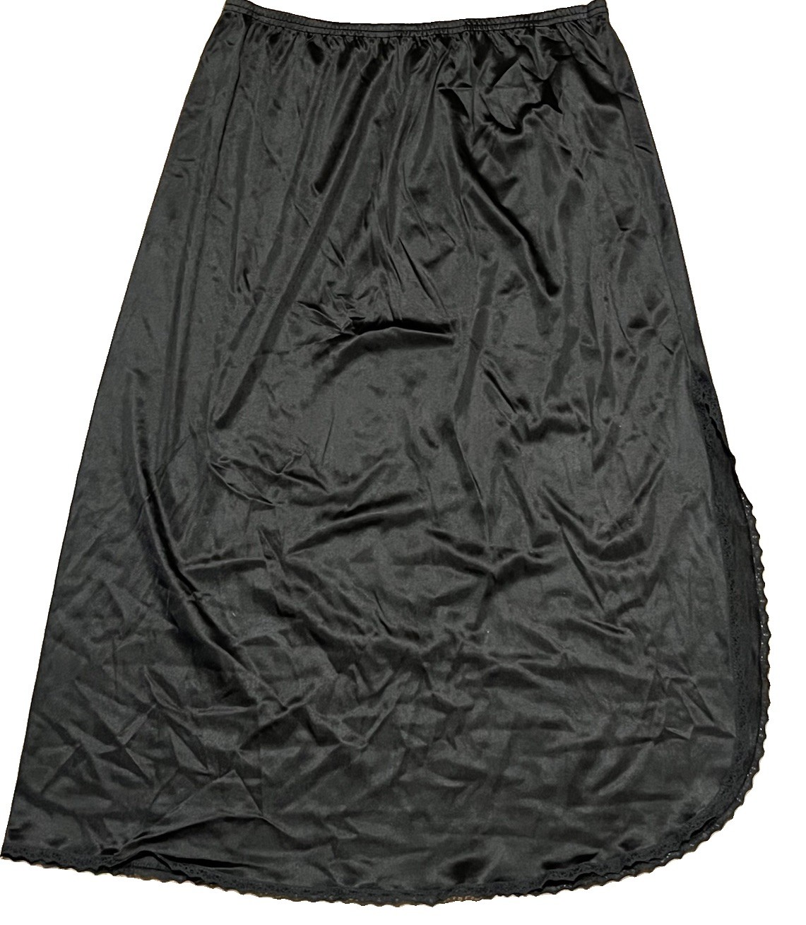 VANITY FAIR BLACK 27″ 100% antron III nylon scalloped Lace Slit Half Slip M USA