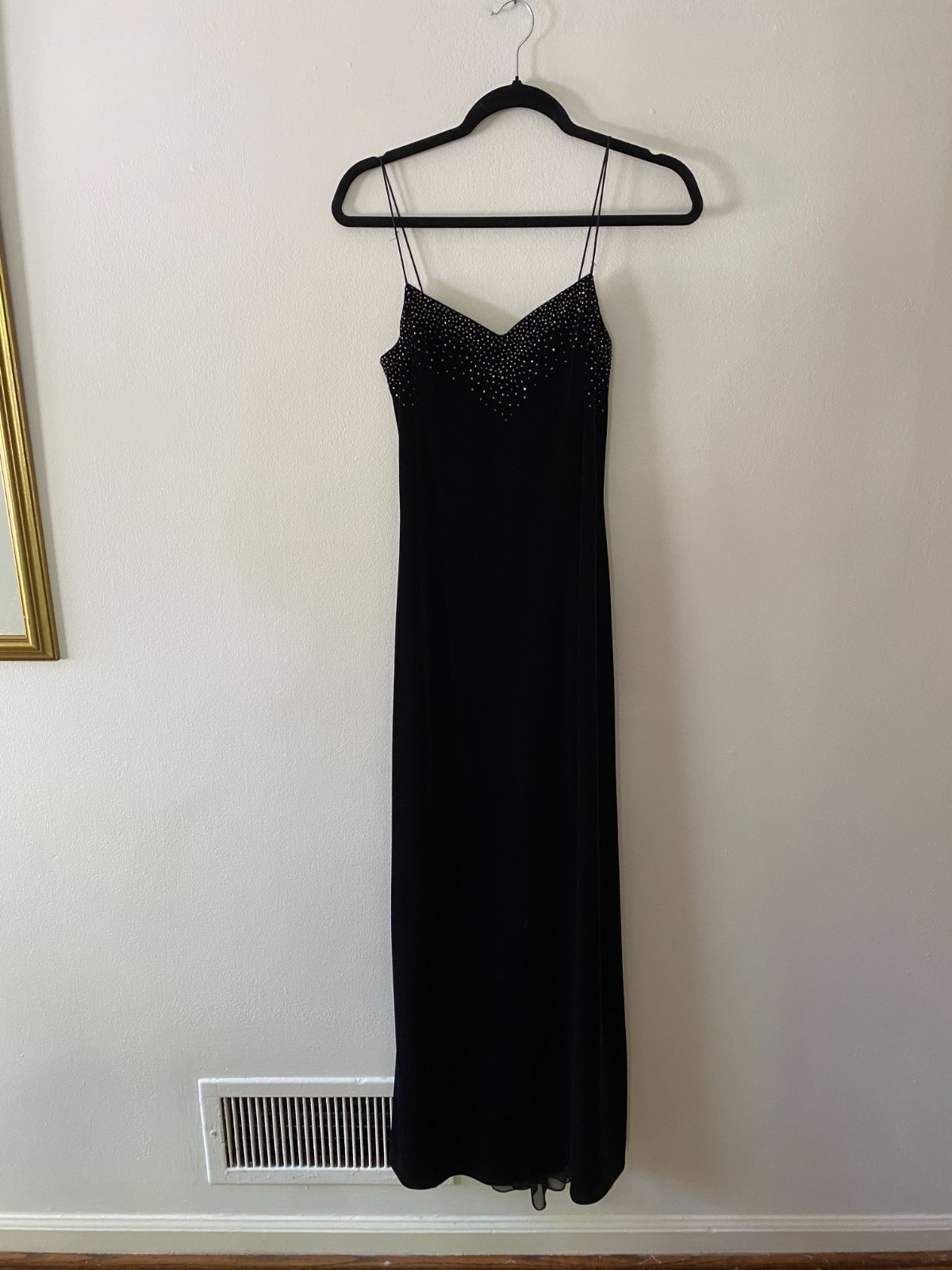 Vintage 1990s Black Velvet Cascading Beaded Gown Betsy & Adam Size 10 Prom