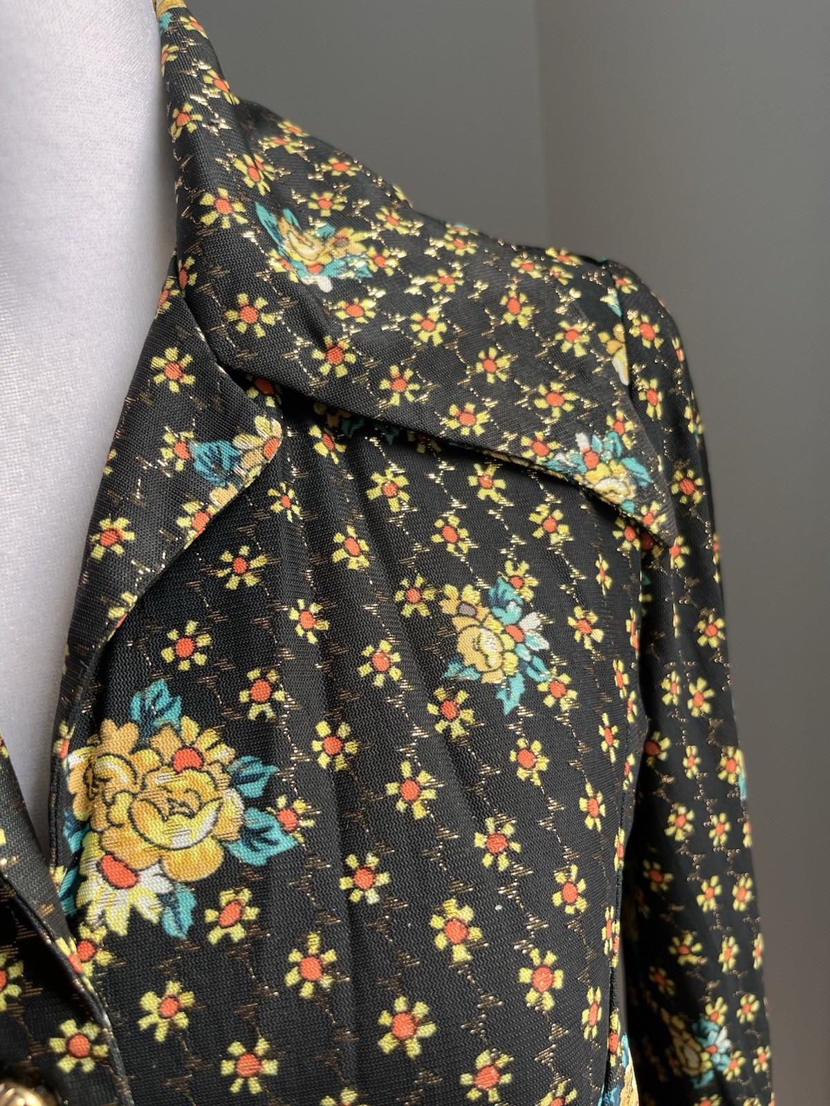 Vintage 70s Psychedelic Metallic Lurex Disco Blouse Mod Gold Floral Shirt Small
