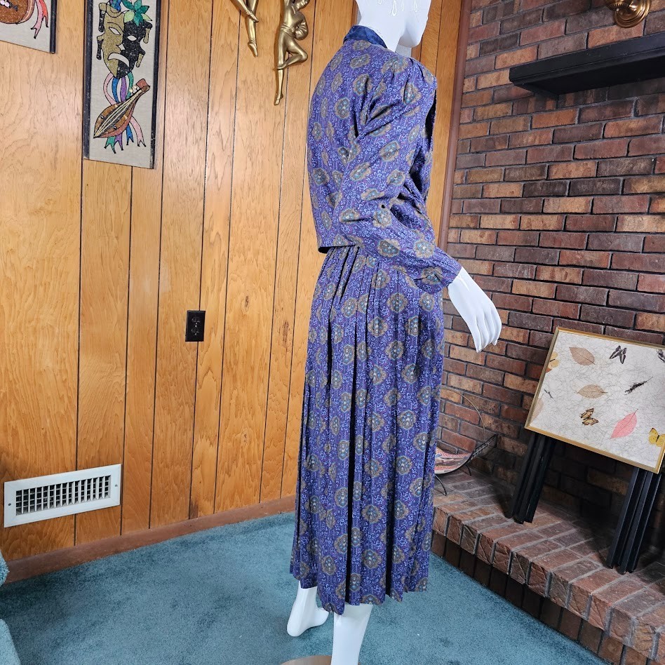Vtg 90s Velvet Ornate Paisley British Preppy Rayon Midi Riding Vest Dress S/M