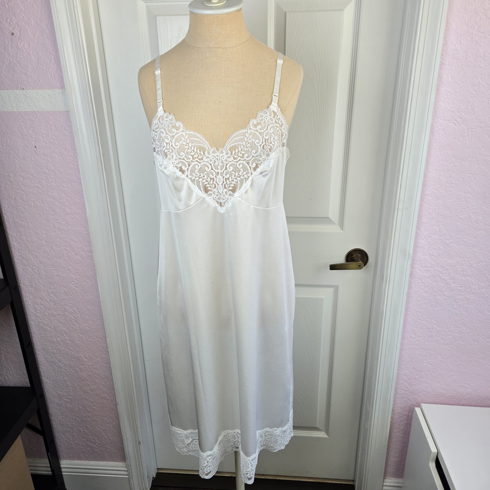Vintage Applause JCPENNEY Full Slip Size 36 White Nylon Lace Lingerie