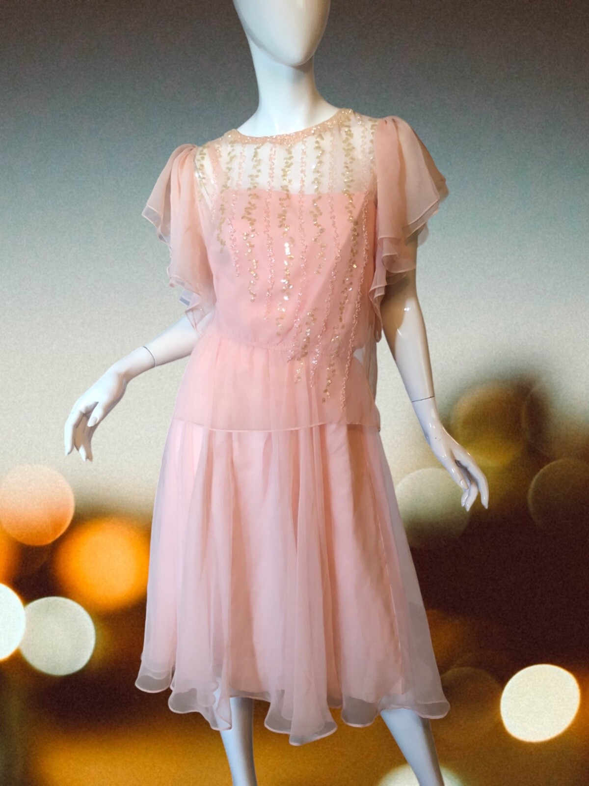 Vtg 70s 80s JACK BRYAN Dress Set 14 M Pink RUFFLE Beaded SEQUIN CHIFFON COQUETTE