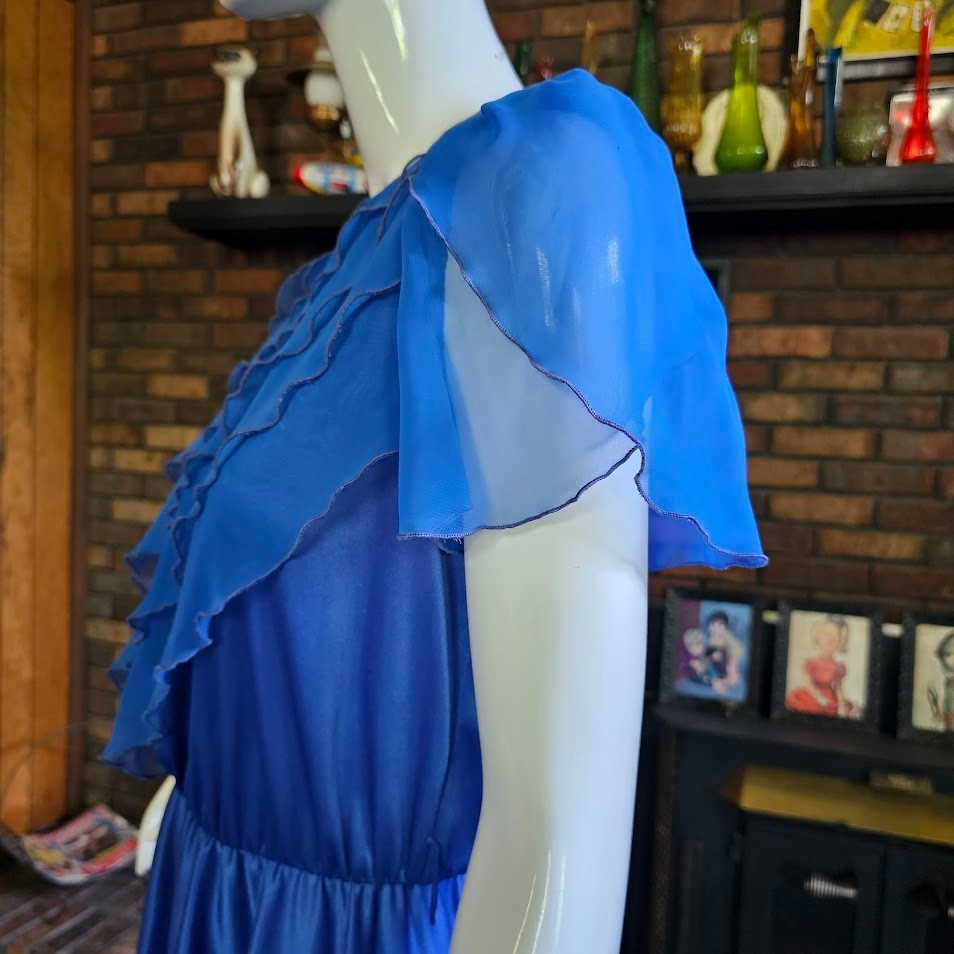 Vtg 80s Disco Liquid Jersey Chiffon Flutter Sleeves Sweeping Dancing Skirt S/M