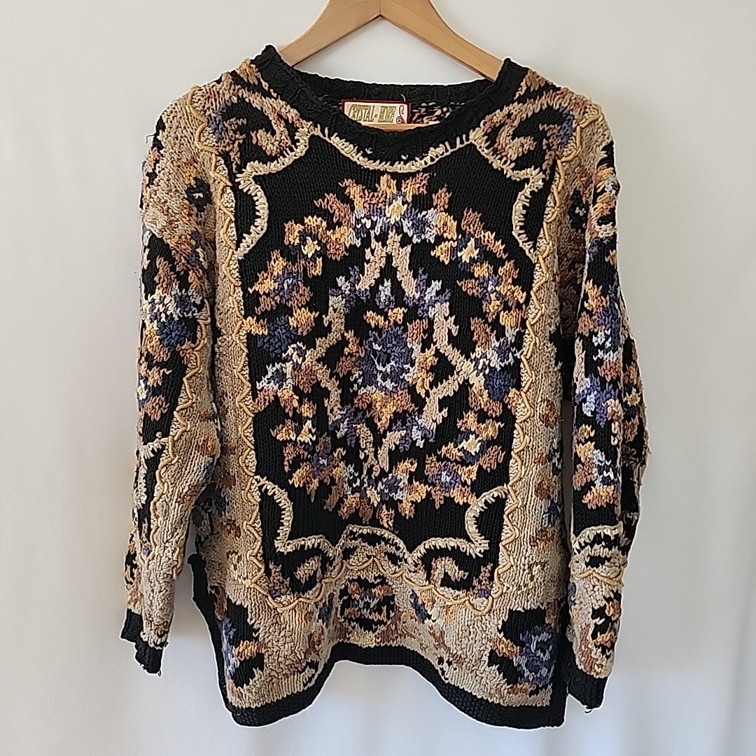 Vintage Crystal – Kobe Hand Knit Floral Grandma 80s Sweater Sz LG Cotton,Ramie