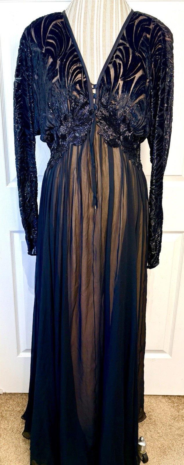 80s NOLAN MILLER Dynasty Black Velvet Burnout 100% Silk Art Deco Gown Size 12/14