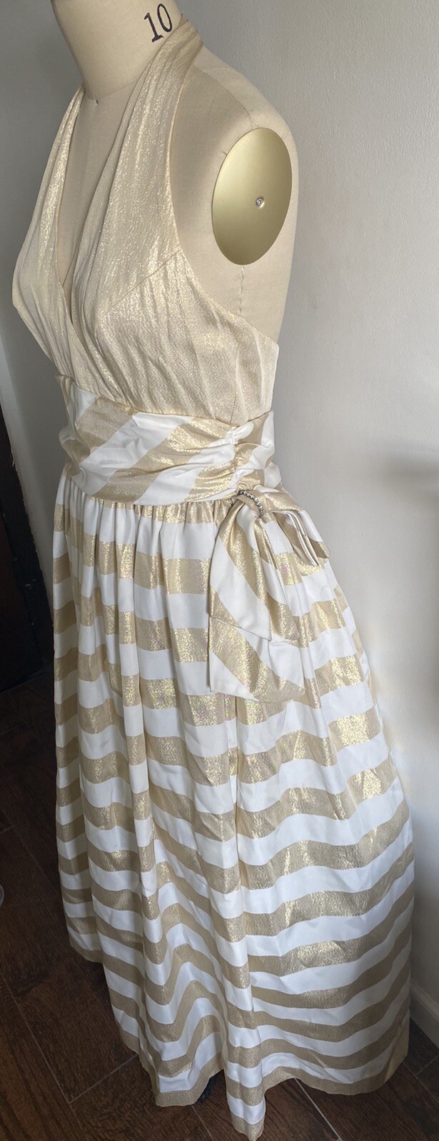 Vintage Niki Originals Halter Dress Prom White & Gold Metallic Union Label SZ 14