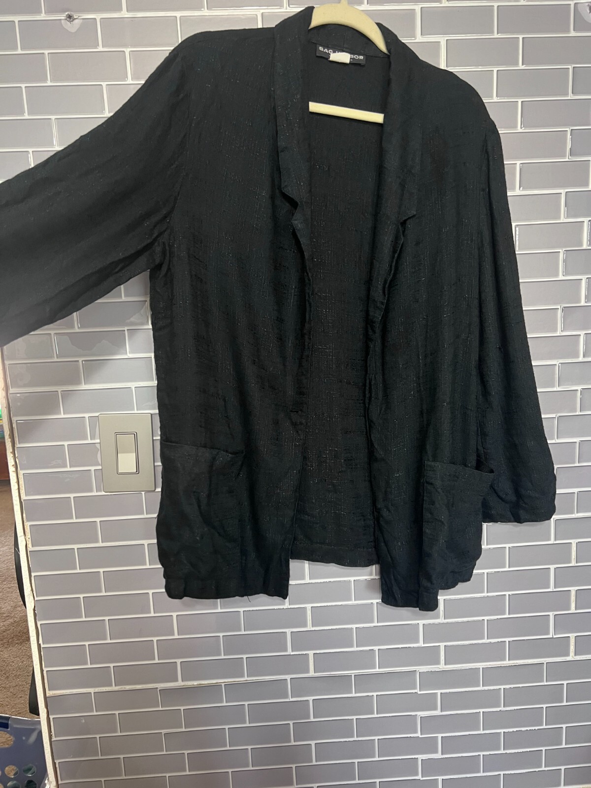 Vintage Sag Harbor Black Lightweight Blazer – Size 14 – Rayon/Flax Blend