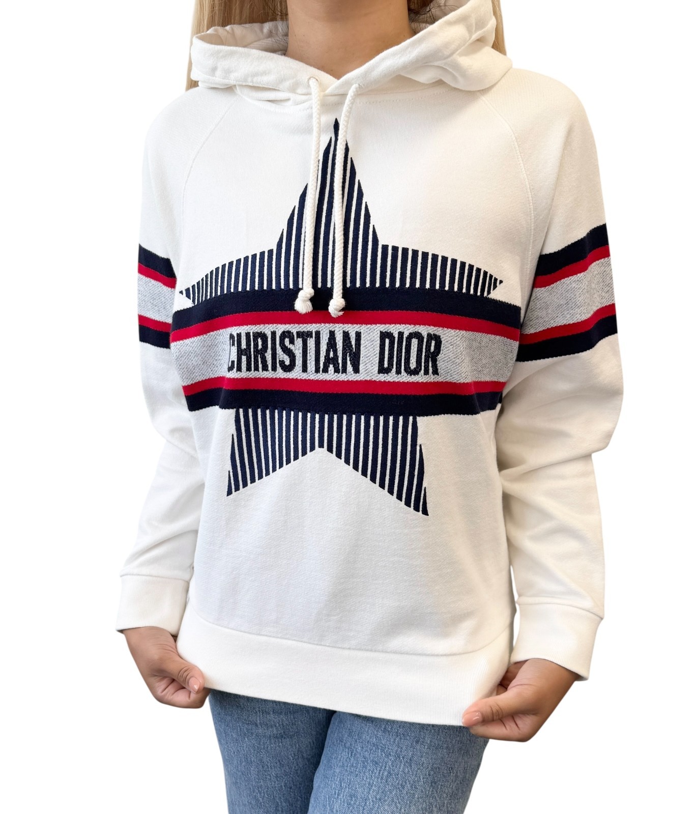 Christian Dior 21AW Big Star Logo Hoodie Sweatshirt Top #XS White Blue Red
