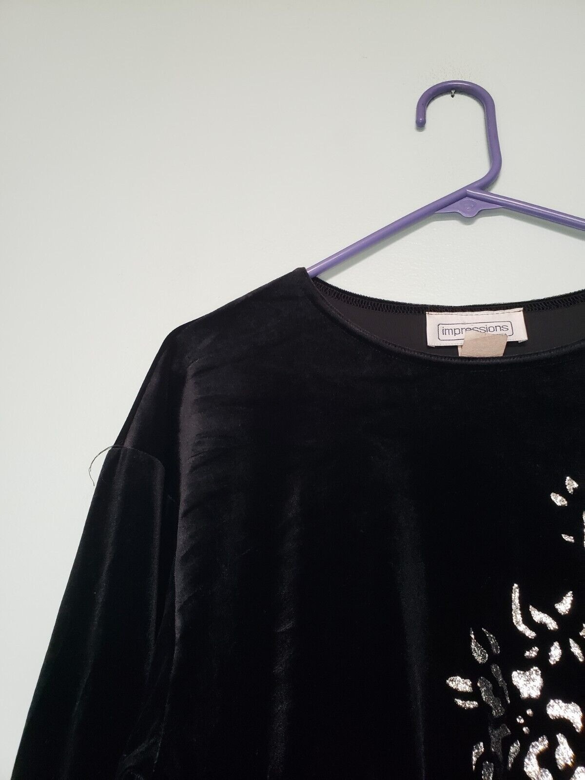 Vtg Y2K Impressions of California Womens S Black Velour Tunic Silver Glitter