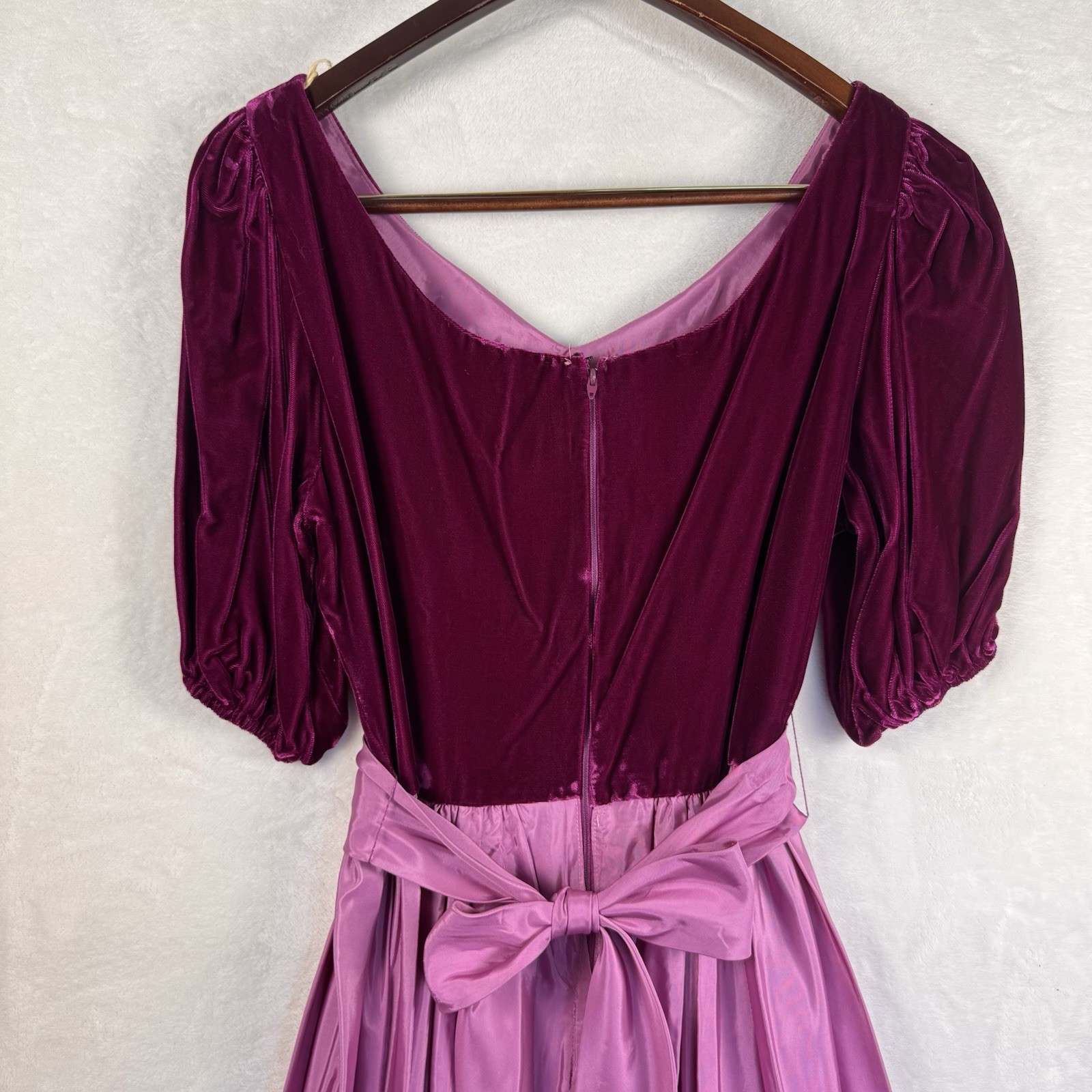 Vintage USA Velvet Taffeta Maxi Dress Burgundy Pink Puff Sleeve 20