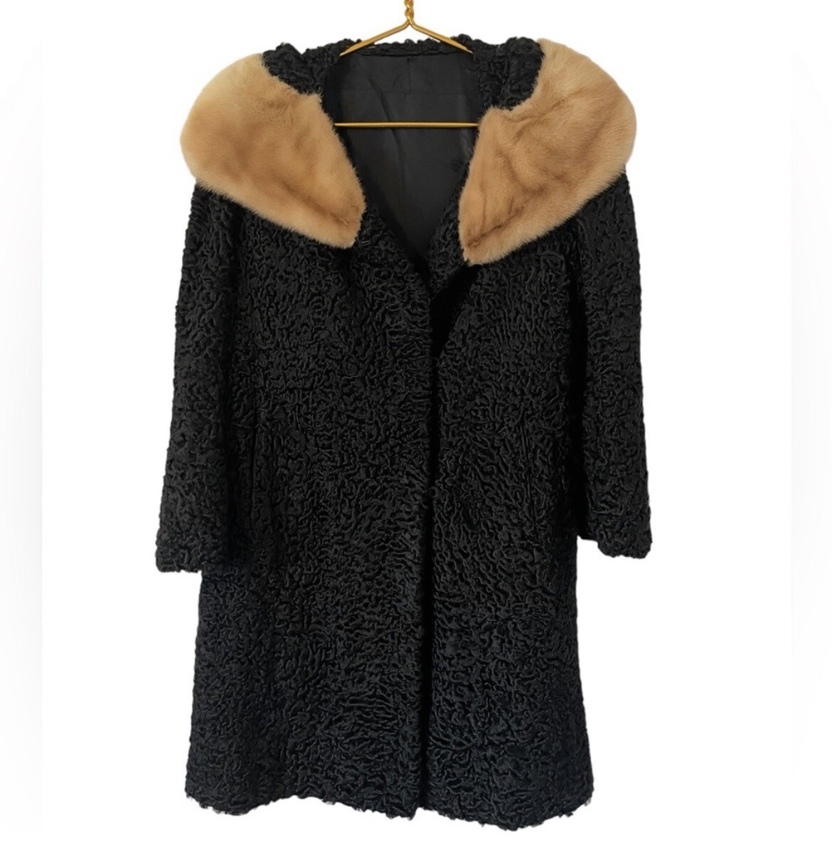 Vintage 40’-50’s Crown Monarch Black Persian Lamb & Mink Fur Collar, Size M/L/XL