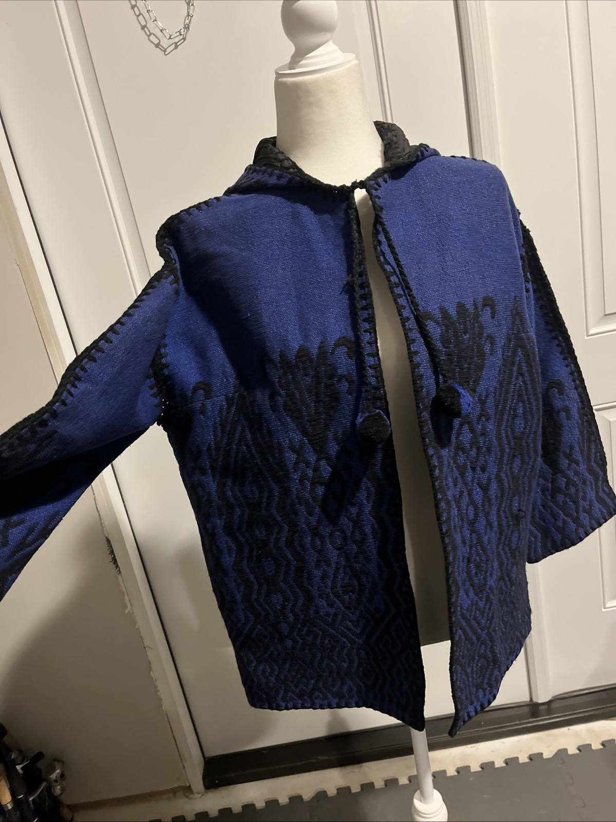 Vintage Woman’s Knit Crocheted Blue & Black Poncho Jacket Wool Cotton Lined