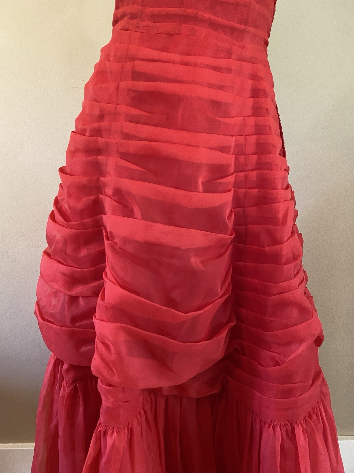 VTG 50s Red Chiffon Strapless Evening Cocktail Prom Gown Dress XS