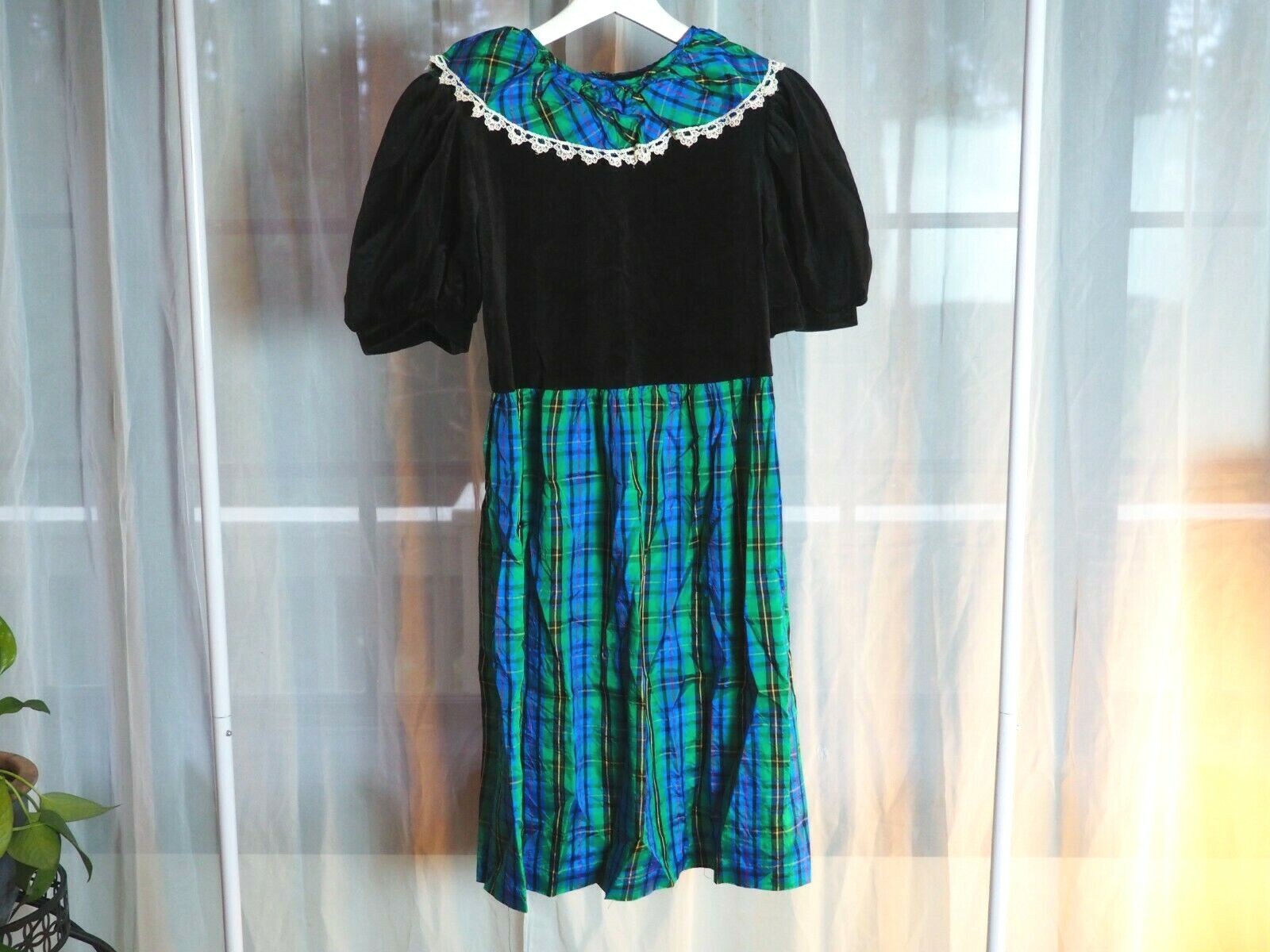 VTG US Made LeMay Cottagecore Kawaii Green Plaid Velour Collar Mini Dress Sz S